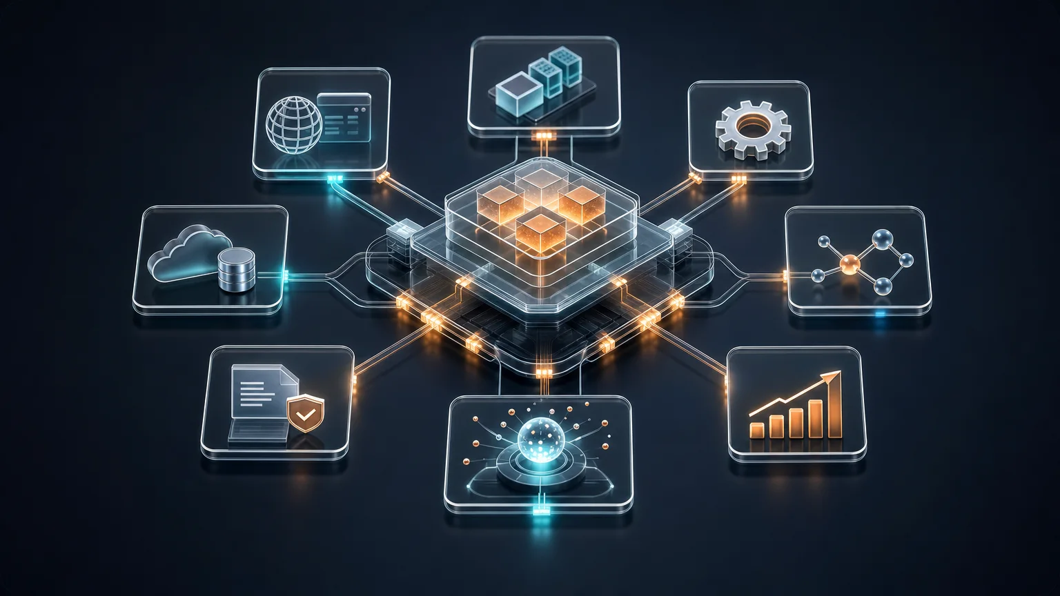Modułowy system biznesowy symbolizujący aplikacje, integracje i automatyzację procesów w Masta Software House