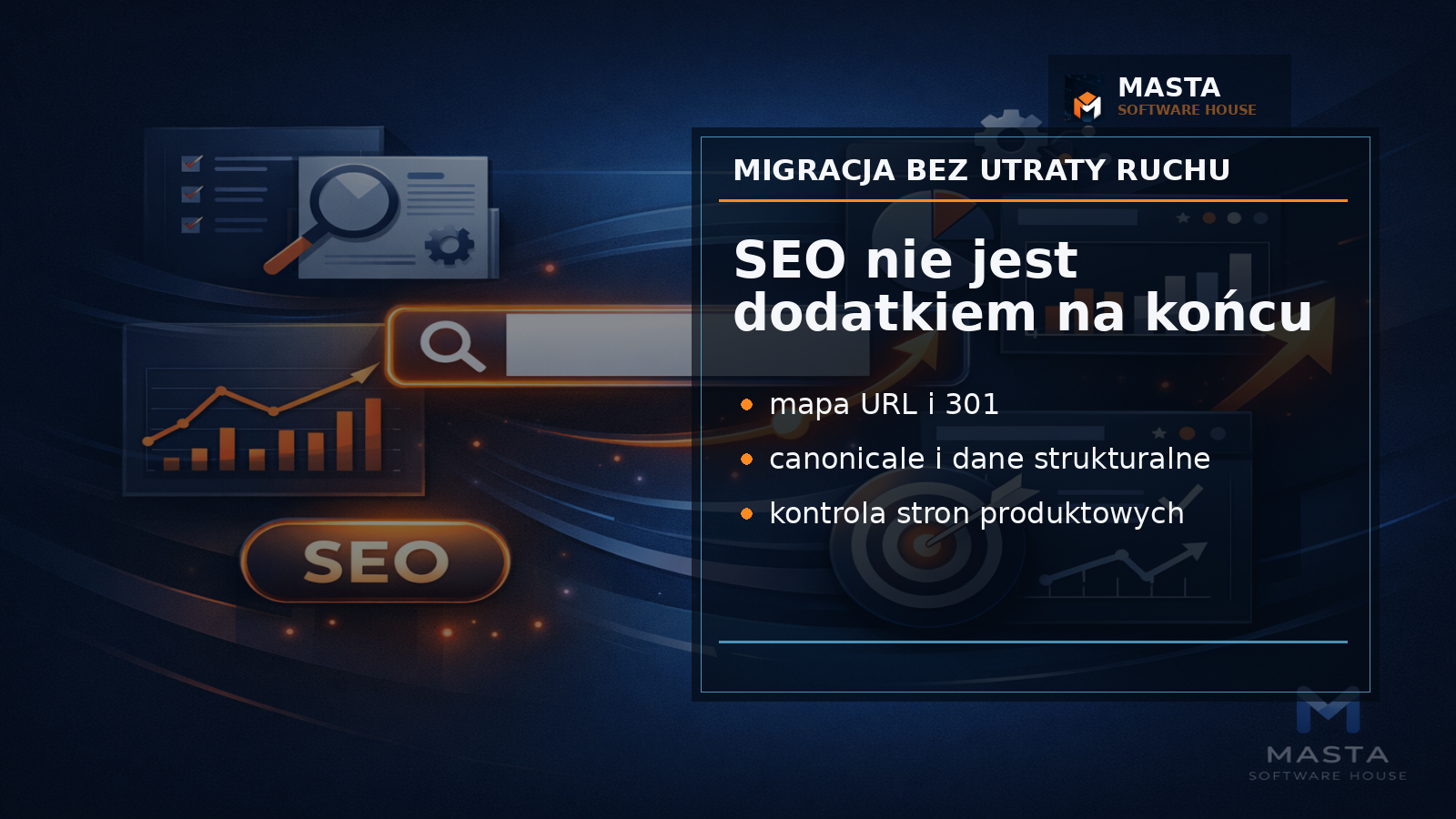 Grafika premium z mapą URL, przekierowaniami 301, canonicalami, schema.org i ścieżką zakupową na tle lekkiego storefrontu, z subtelnym znakiem MASTA.