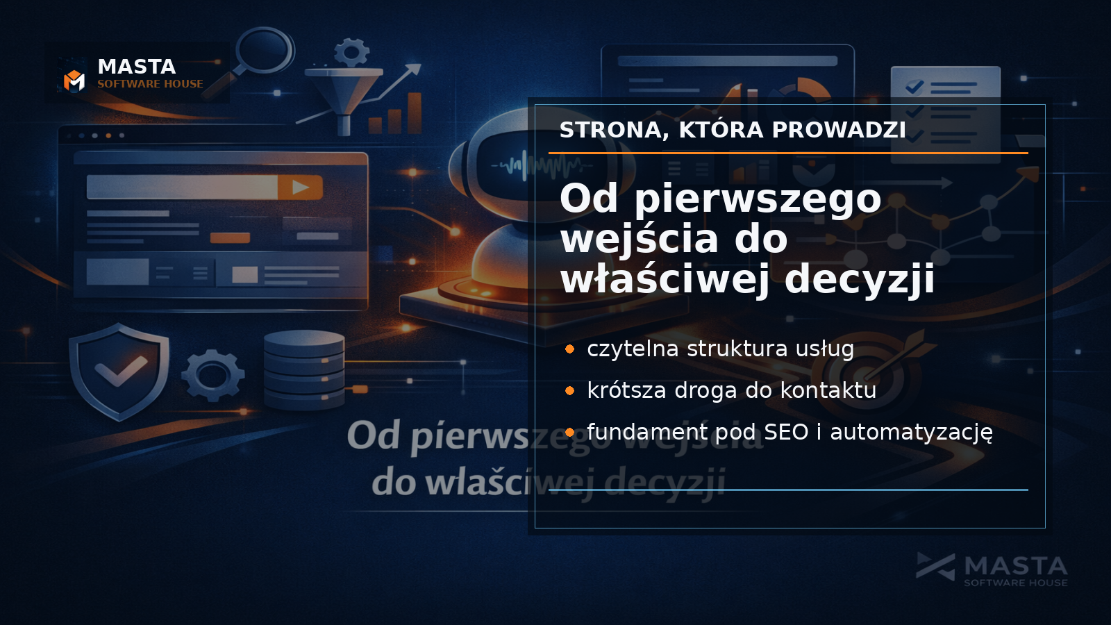 Premium editorial graphic for Masta Software House showing a structured website information map for Lorica Iuris, with service paths, contact points and subtle MASTA SOFTWARE HOUSE