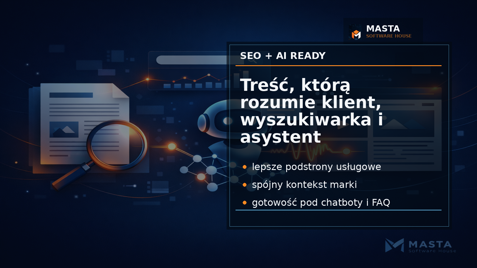 Branded Masta Software House editorial illustration of connected content blocks, search signals and AI assistant layer over a lightweight business website, with subtle M watermark