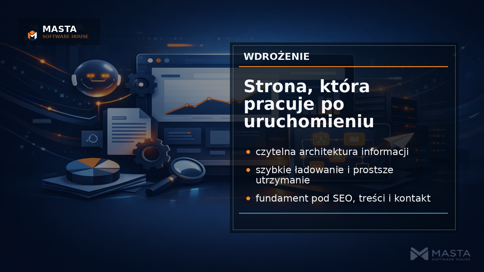 Editorialowa grafika Masta pokazująca schemat lekkiej strony firmowej z modułami SEO, treści i kontaktu