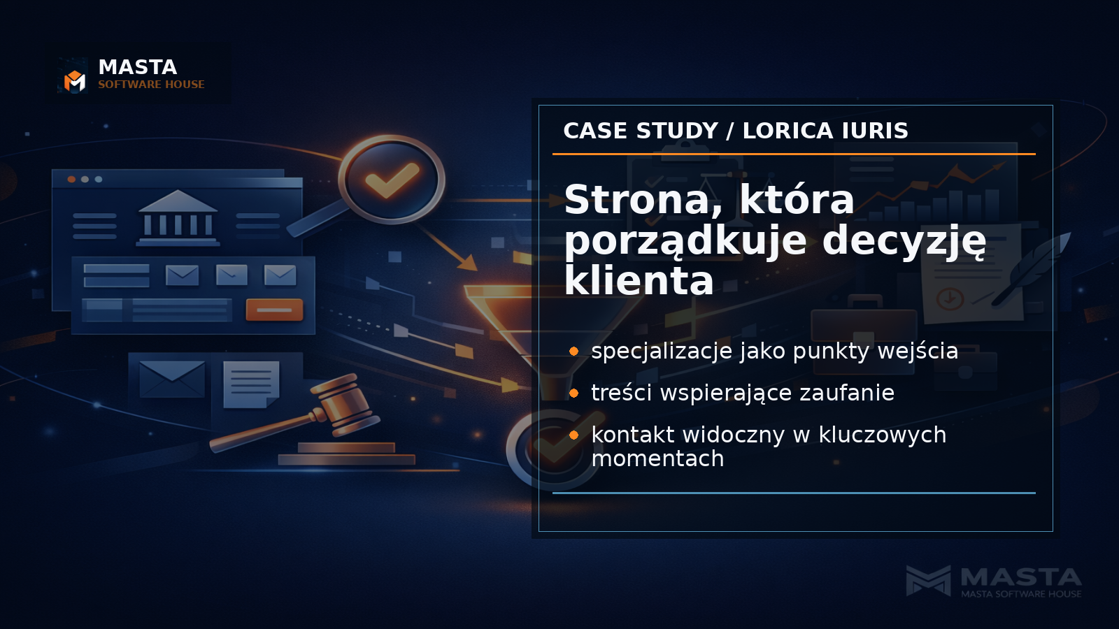 Premium editorial graphic z ciemnym tłem inspirowanym dokumentami prawnymi, siatką specjalizacji i subtelnym brandingiem MASTA SOFTWARE HOUSE.