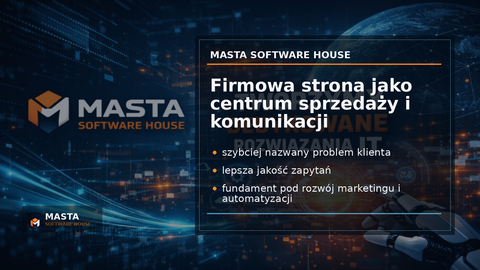 Duża grafika podsumowująca z lejkowym układem: wejście z wyszukiwarki, specjalizacja, poradnik, kontakt, automatyzacja; subtelny znak M i napis MASTA SOFTWARE HOUSE.