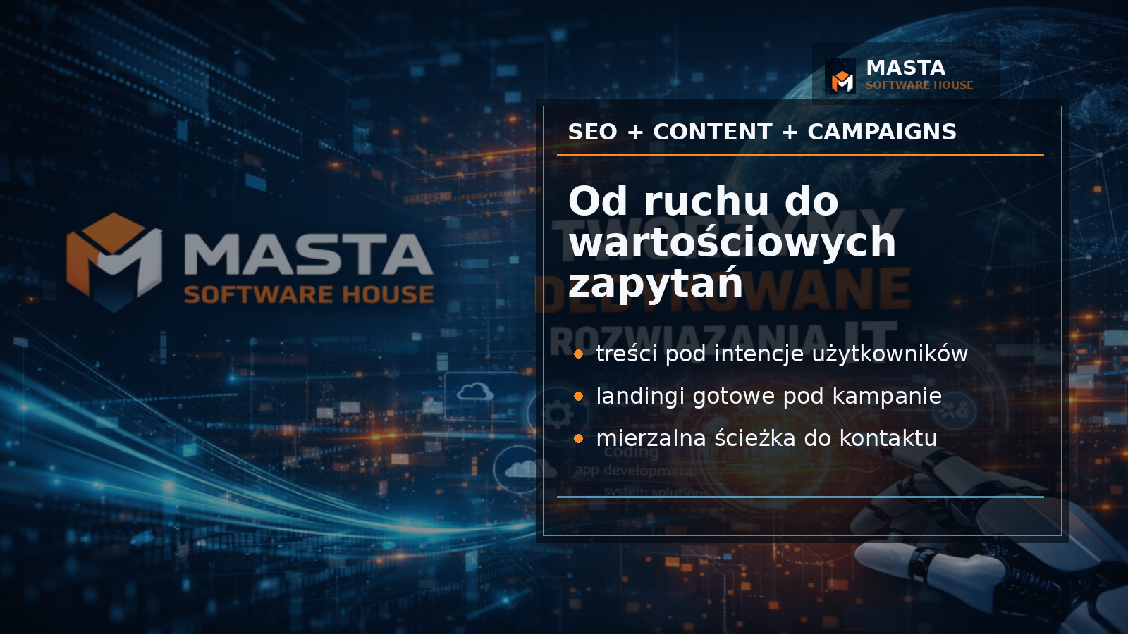 Branded editorial Masta z widokiem semantycznej mapy treści, kartami SEO, sygnałami kampanii i watermarkiem MASTA SOFTWARE HOUSE.
