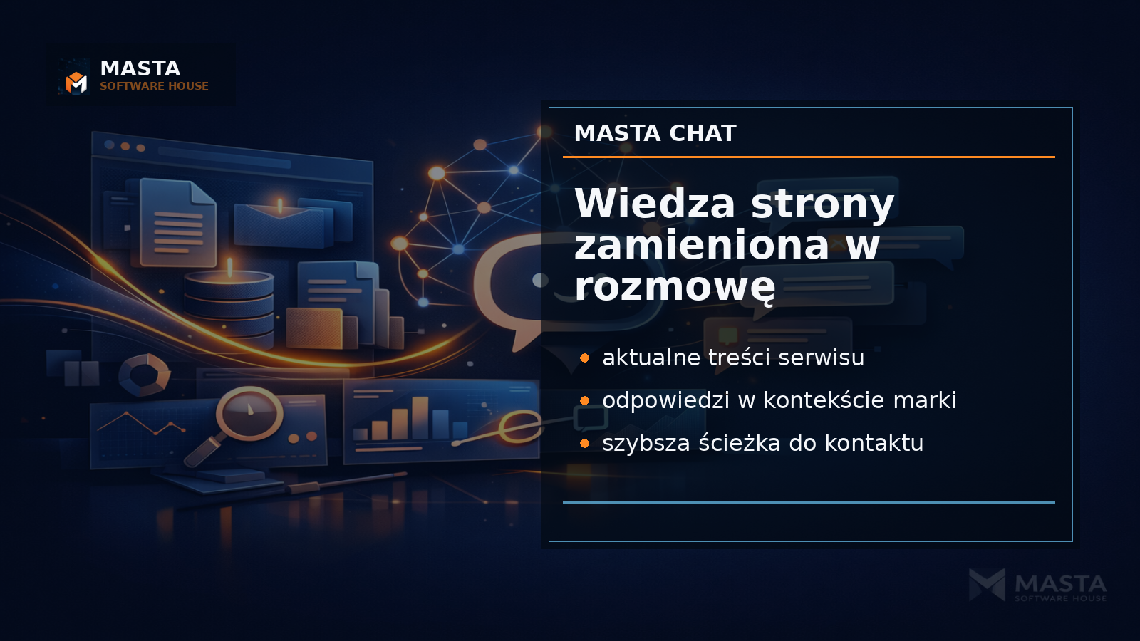 Ilustracja premium pokazująca firmowego asystenta AI połączonego z mapą treści strony internetowej i subtelnym brandingiem Masta Software House.