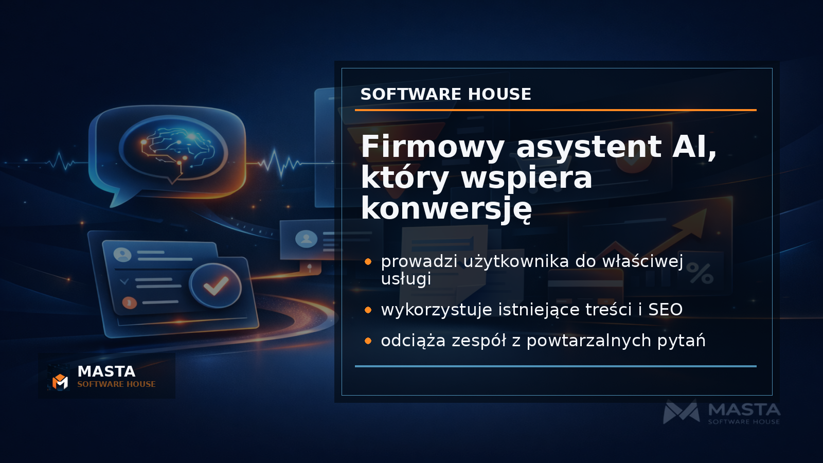 Duża grafika podsumowująca pokazująca Masta Chat jako element ekosystemu strony, sprzedaży, SEO, automatyzacji i obsługi klienta z oznaczeniem MASTA Software House.