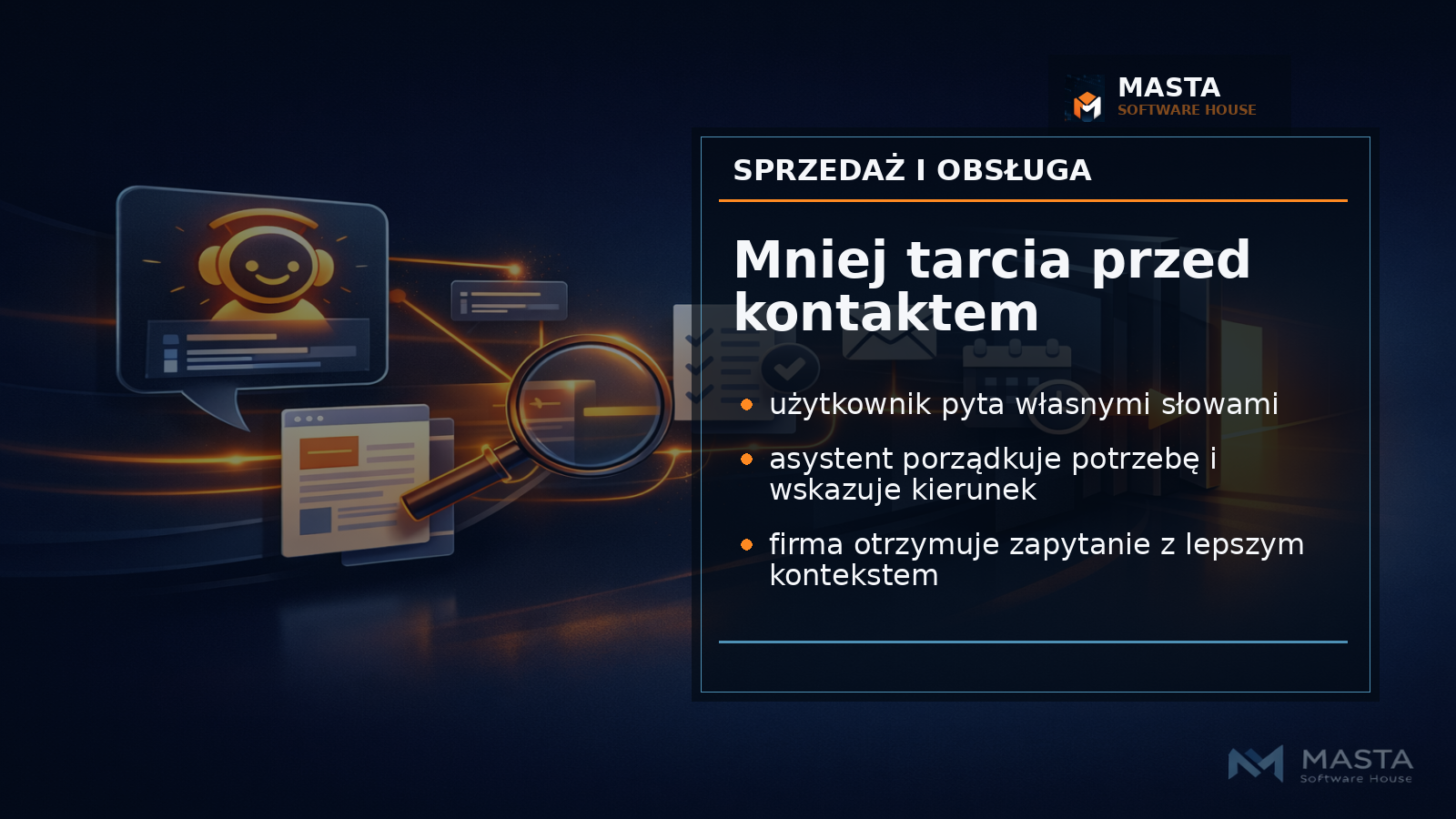 Branded editorial Masta pokazujący ścieżkę użytkownika od pytania na stronie przez doprecyzowanie potrzeby do kontaktu sprzedażowego.