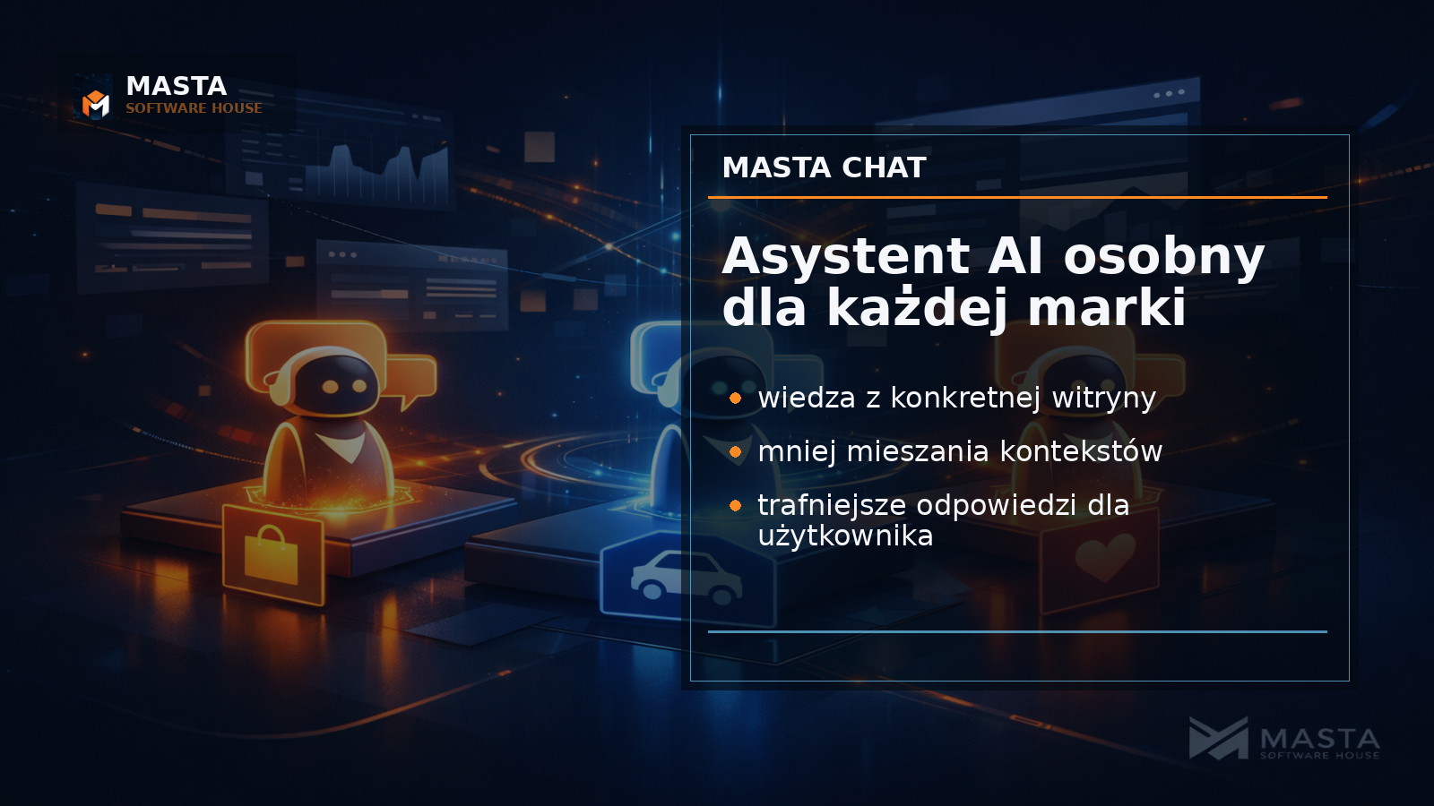 Premium editorial graphic showing separate brand knowledge layers connected to one Masta Chat assistant, with subtle MASTA Software House watermark