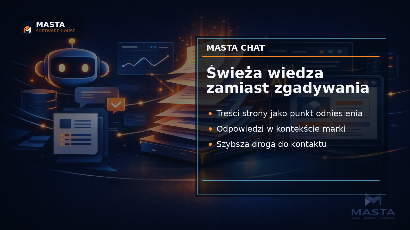 Premium grafika editorial przedstawiająca warstwę treści strony firmowej połączoną z oknem Masta Chat, z subtelnym watermarkiem M, napisem MASTA i mniejszym SOFTWARE HOUSE.
