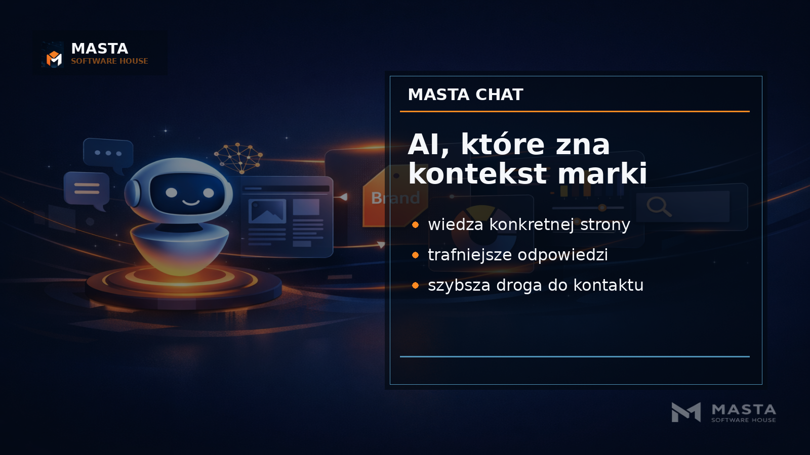 Premium editorial graphic z interfejsem czatu AI połączonym z mapą treści firmowej strony internetowej, z subtelnym brandingiem MASTA Software House.