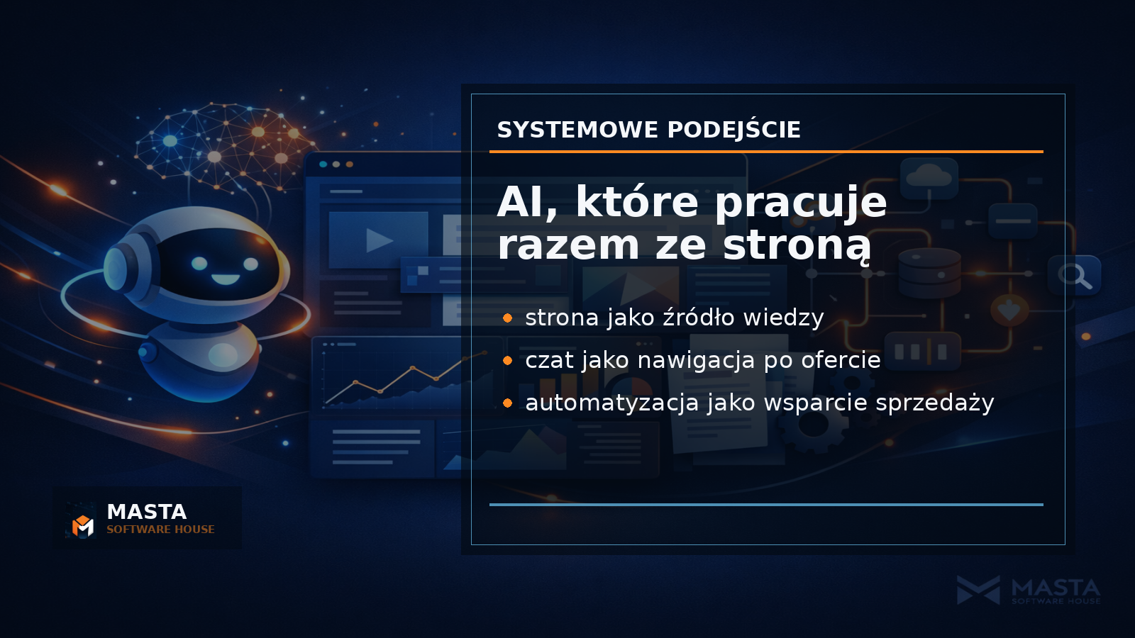 Szeroka grafika podsumowująca: ekosystem witryny, AI, treści SEO, formularzy i automatyzacji połączony liniami danych; w tle subtelny znak M oraz napis MASTA SOFTWARE HOUSE.