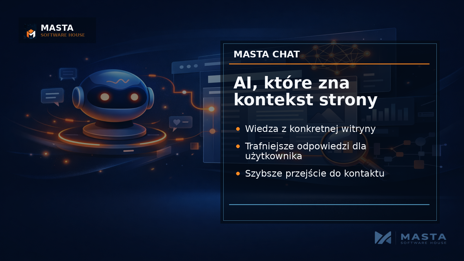 Premium grafika editorialowa pokazująca interfejs chatbota Masta Chat połączony z mapą treści firmowej strony internetowej
