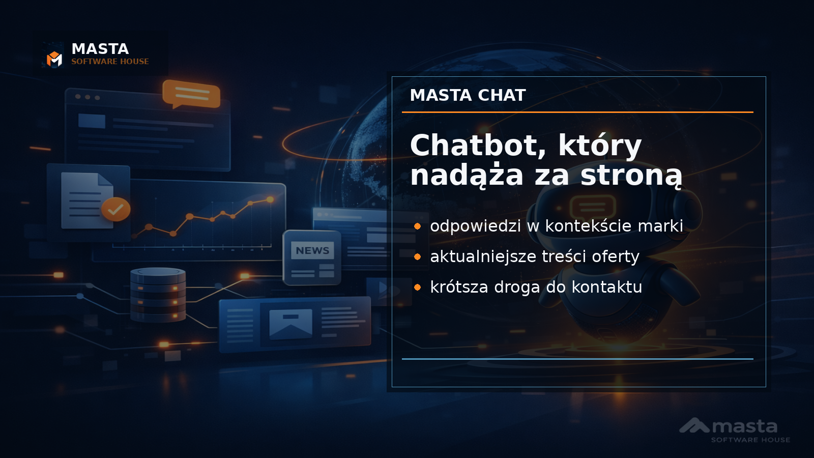 Premium grafika editorial pokazująca warstwę wiedzy Masta Chat połączoną z firmową stroną internetową i aktualizowanymi treściami.