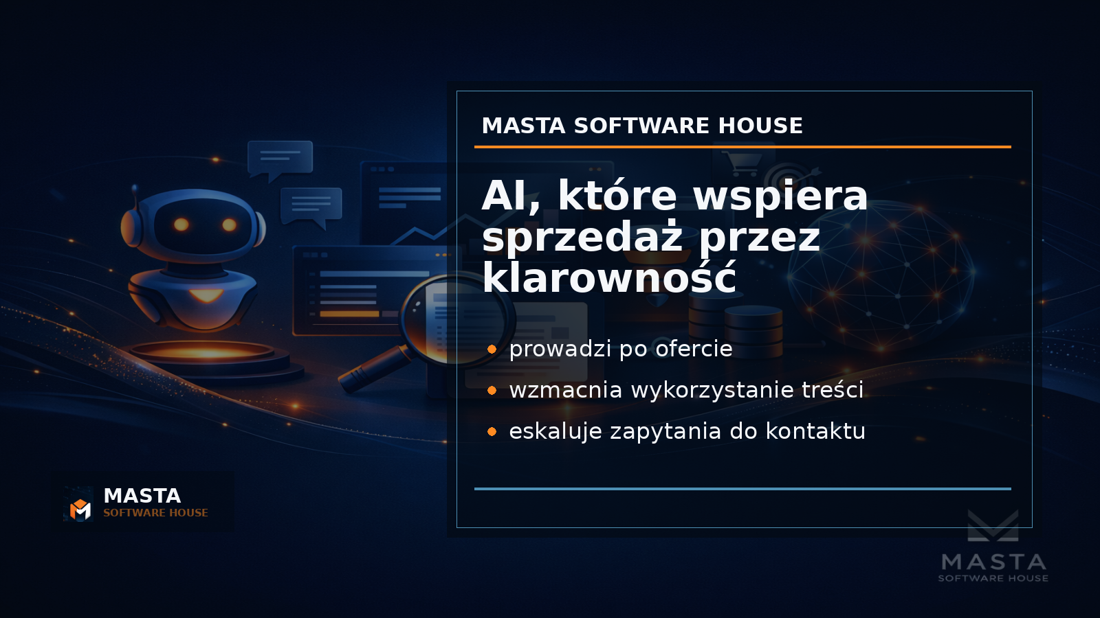 Duża grafika podsumowująca ekosystem Masta Chat: strona firmowa, baza wiedzy, użytkownik, kontakt i branding Masta Software House.