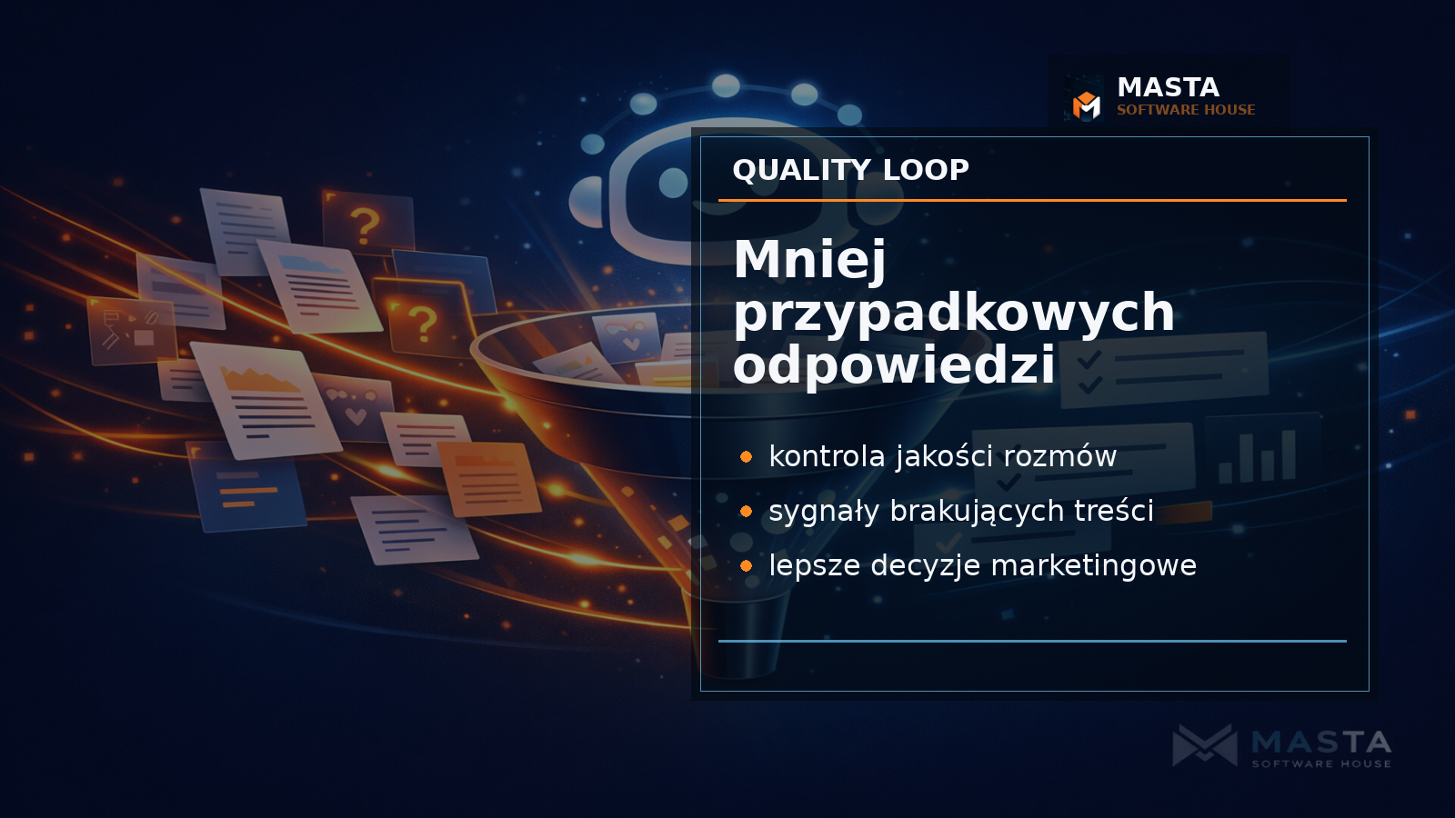 Nowoczesna grafika techniczno-biznesowa przedstawiająca pętlę jakości odpowiedzi chatbota AI, sygnały użytkowników i poprawę treści strony.