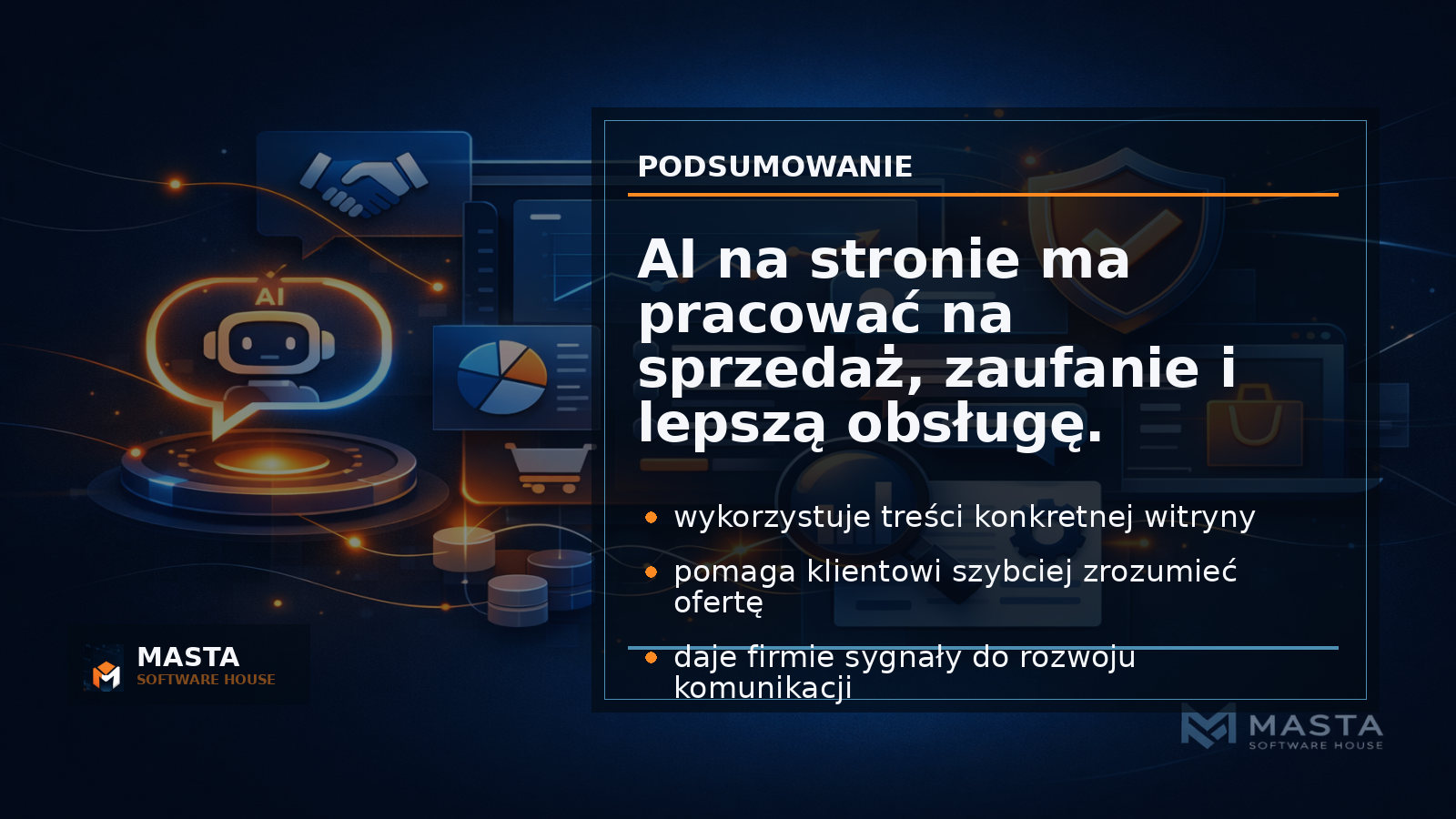 Duża grafika podsumowująca model Masta Chat: treści strony, SEO, asystent AI, leady i obsługa klienta połączone w jeden proces biznesowy, z subtelnym watermarkiem MASTA Software HO