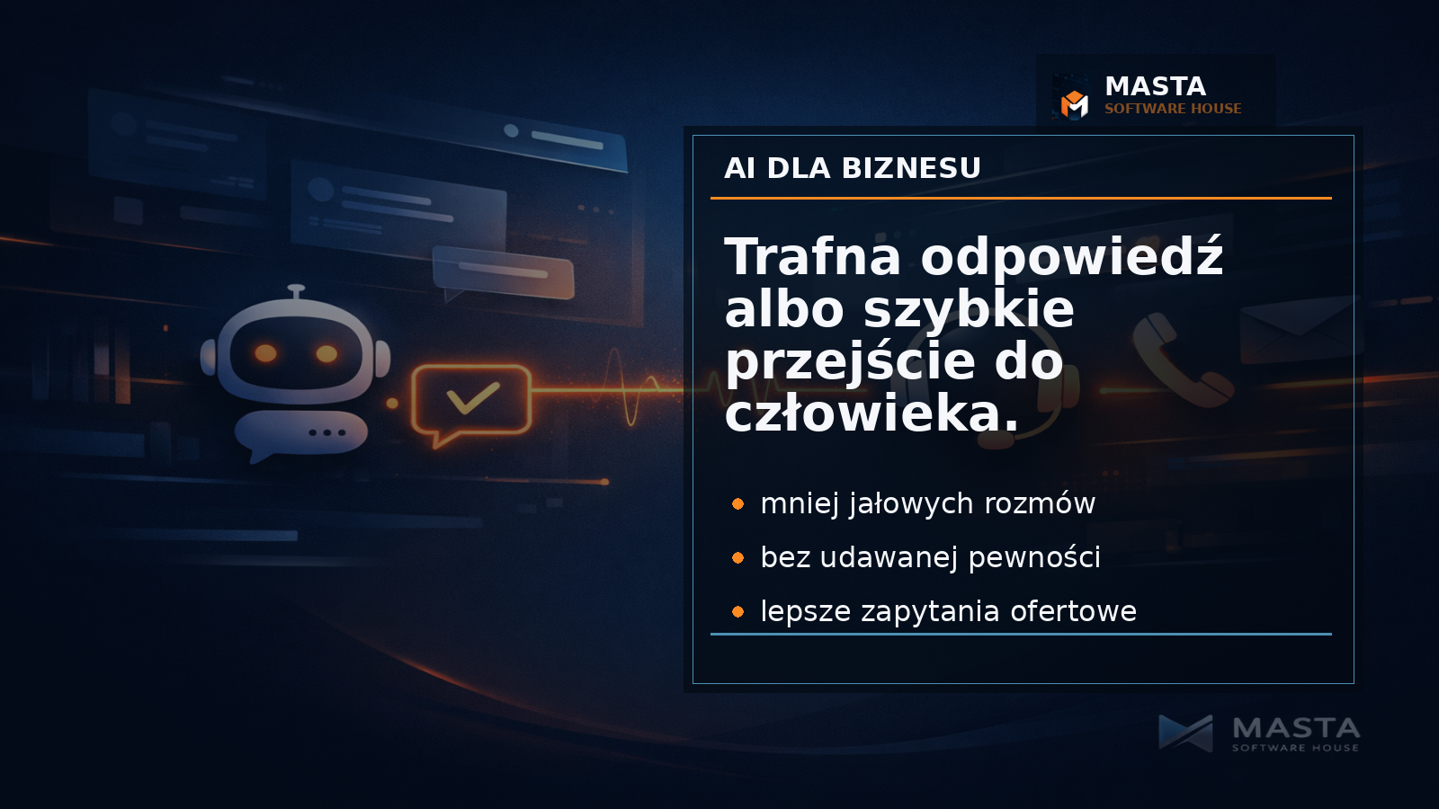 Nowoczesna grafika interfejsowa przedstawiająca trzy warstwy firmowego asystenta AI: wiedza, jakość odpowiedzi i eskalacja do kontaktu, z oznaczeniem MASTA Software House.