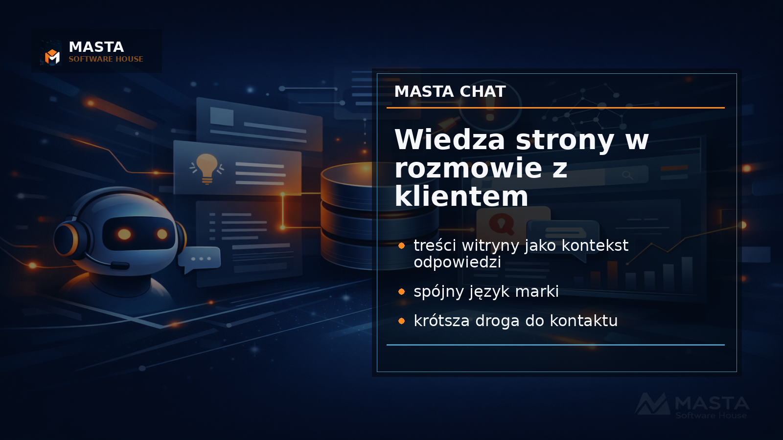 Premium editorial graphic showing a branded website knowledge layer connected with a chat interface, dark interface panels, cyan data paths, subtle watermark MASTA SOFTWARE HOUSE,