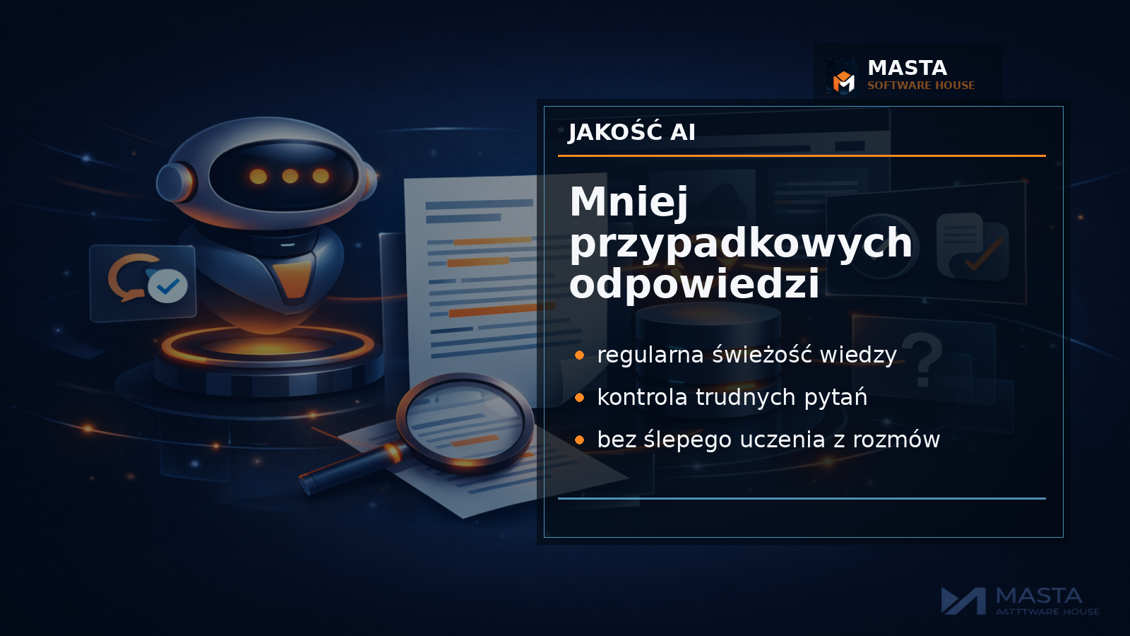 Editorial system dashboard concept with conversation quality signals, content freshness cards and review indicators, amber highlights, subtle M logo and MASTA SOFTWARE HOUSE label,