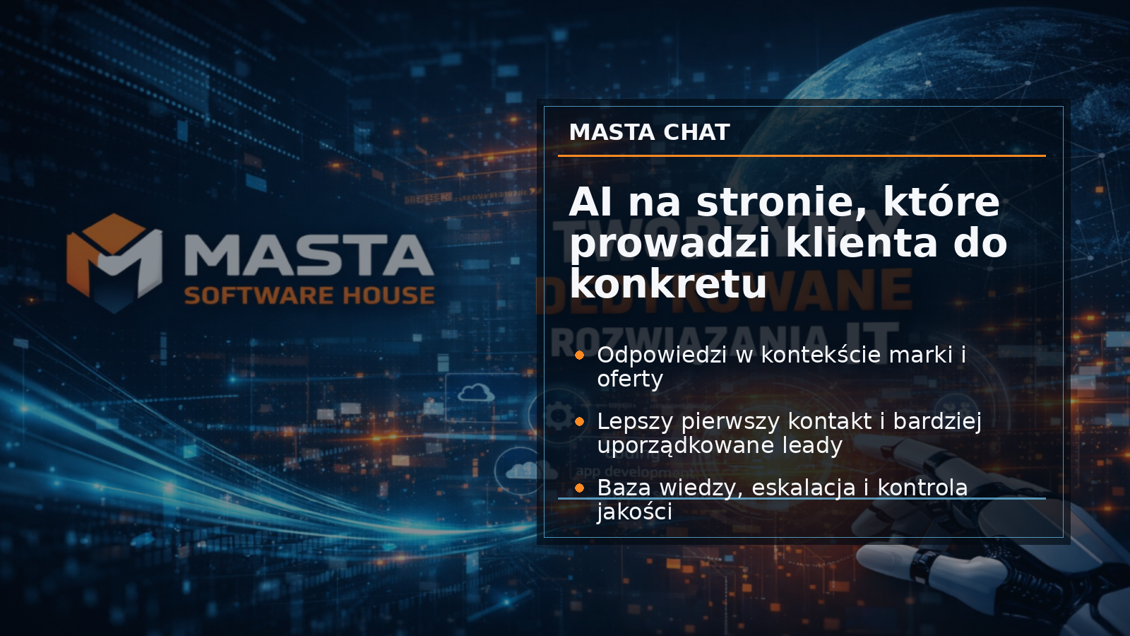 Techniczna karta Masta Chat pokazująca asystenta AI jako warstwę obsługi klienta na stronie firmowej