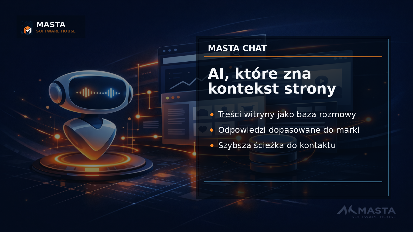 Premium editorial graphic showing a branded AI chat layer connected to website content blocks and contact paths for Masta Chat