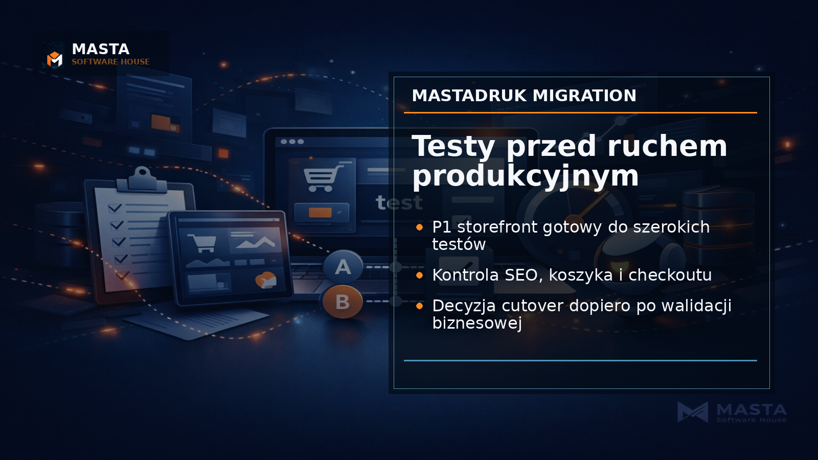 Panel redakcyjny pokazujący gotowość migracyjną e-commerce MastaDruk z sekcjami sprzedaż, SEO i checkout