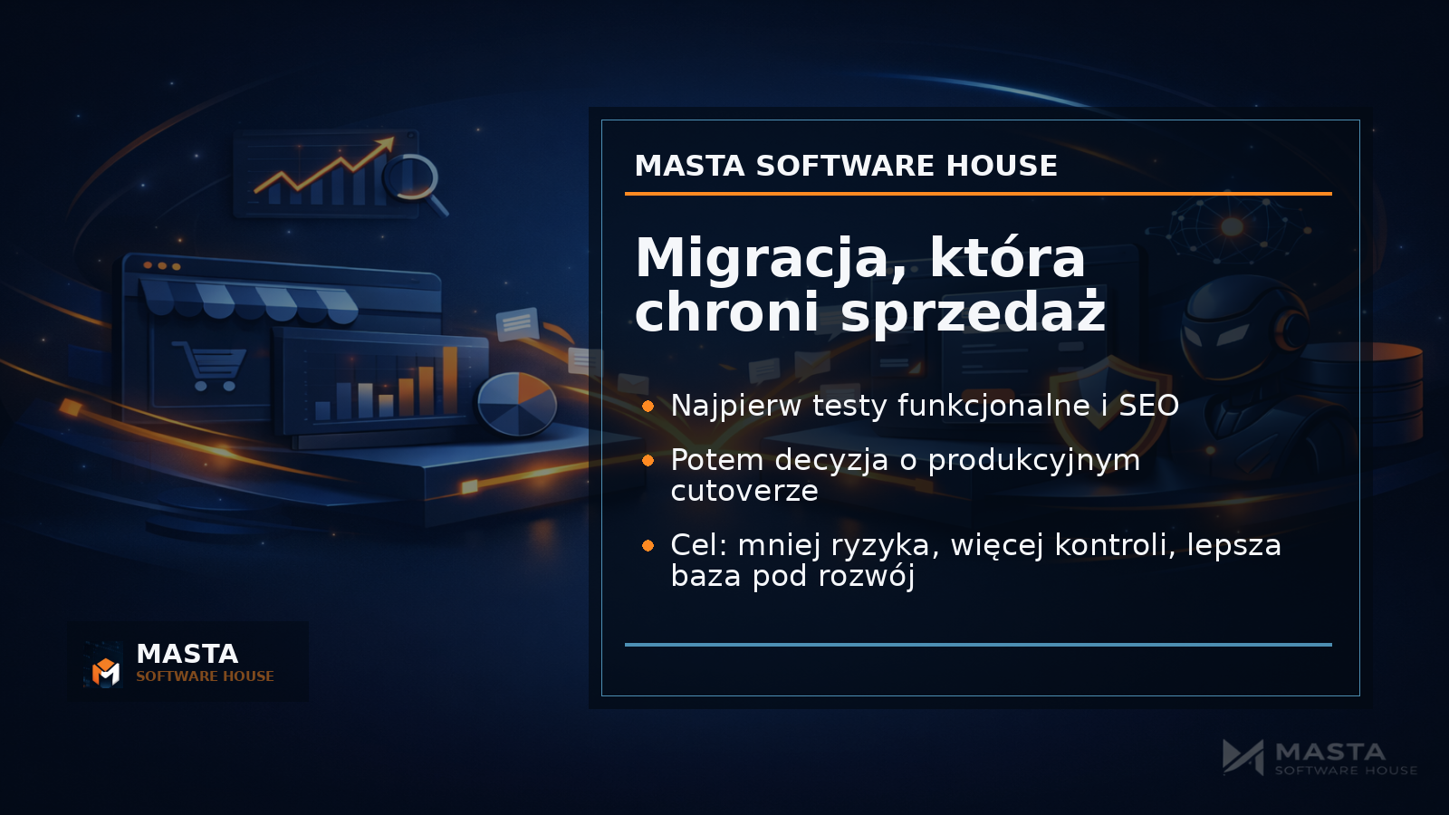 Premium branded editorial dla Masta Software House pokazujący warstwy bezpiecznego przełączenia e-commerce: sprzedaż, SEO, checkout, operacje