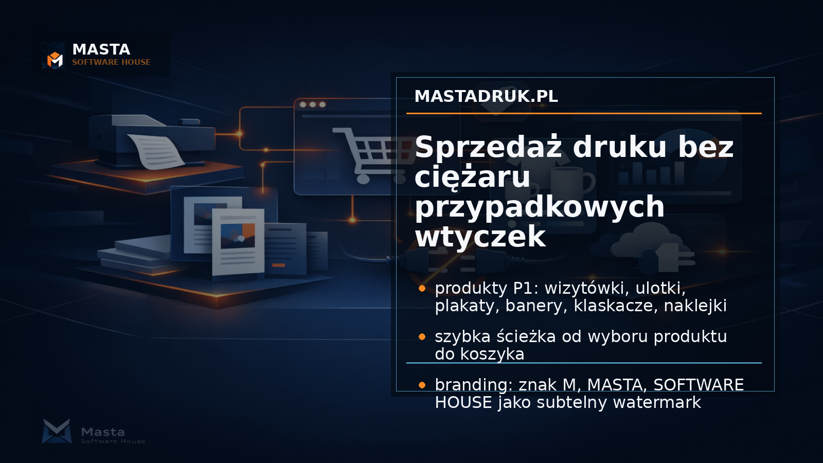 Premium editorial z interfejsem platformy Mastadruk.pl, mapą produktów drukowanych i subtelnym watermarkiem MASTA SOFTWARE HOUSE.