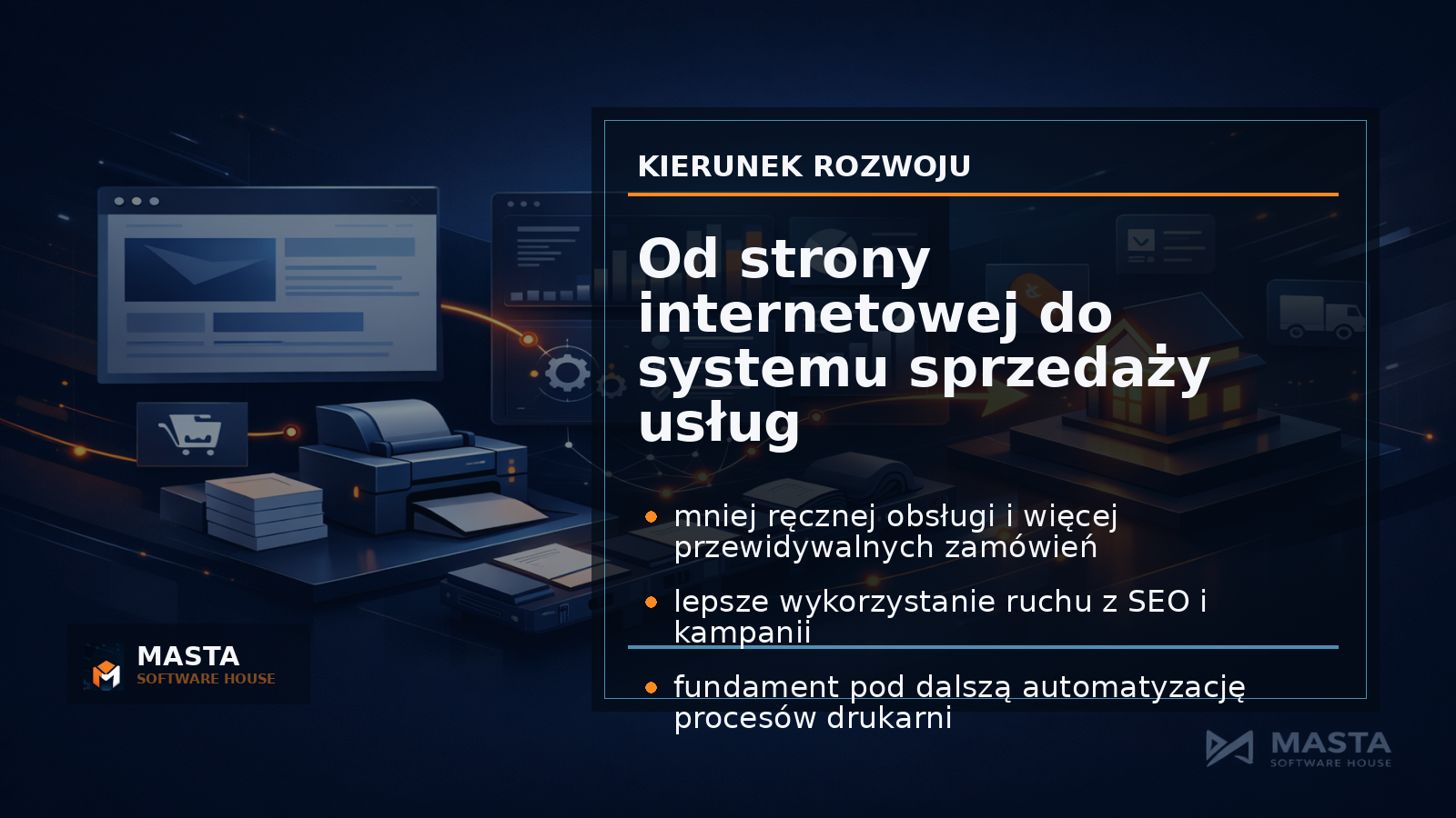 Duża grafika podsumowująca ekosystem Mastadruk.pl: storefront, SEO, automatyzacja, integracje i obsługa zamówień z oznaczeniem MASTA SOFTWARE HOUSE.