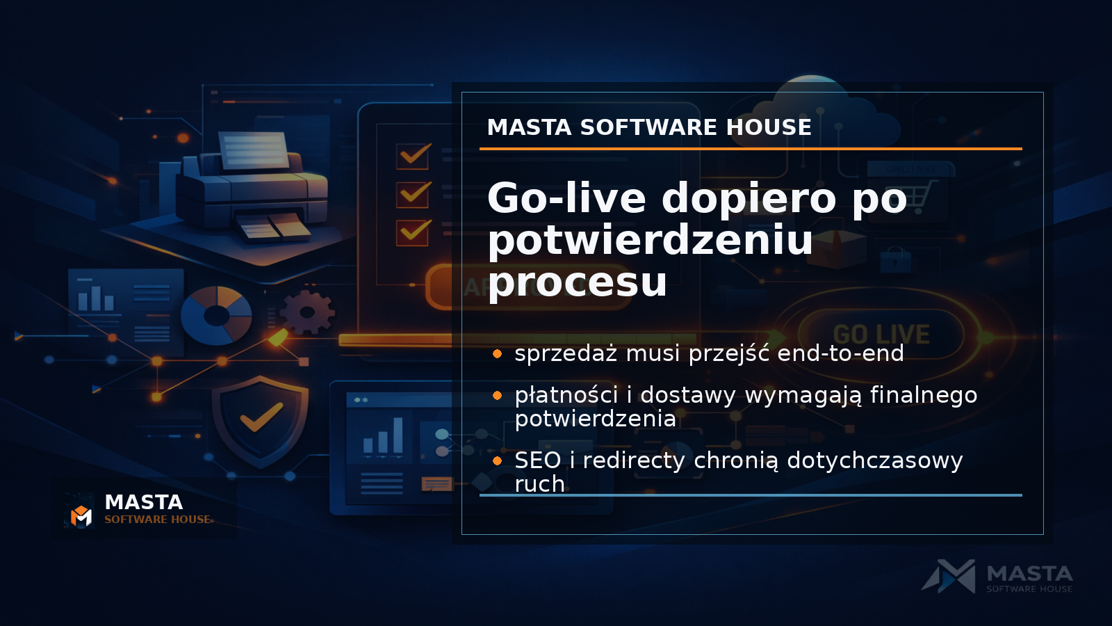 Duża grafika podsumowująca kryteria gotowości e-commerce: płatności, dostawy, SEO, testy end-to-end i decyzja go-live z oznaczeniem MASTA Software House.
