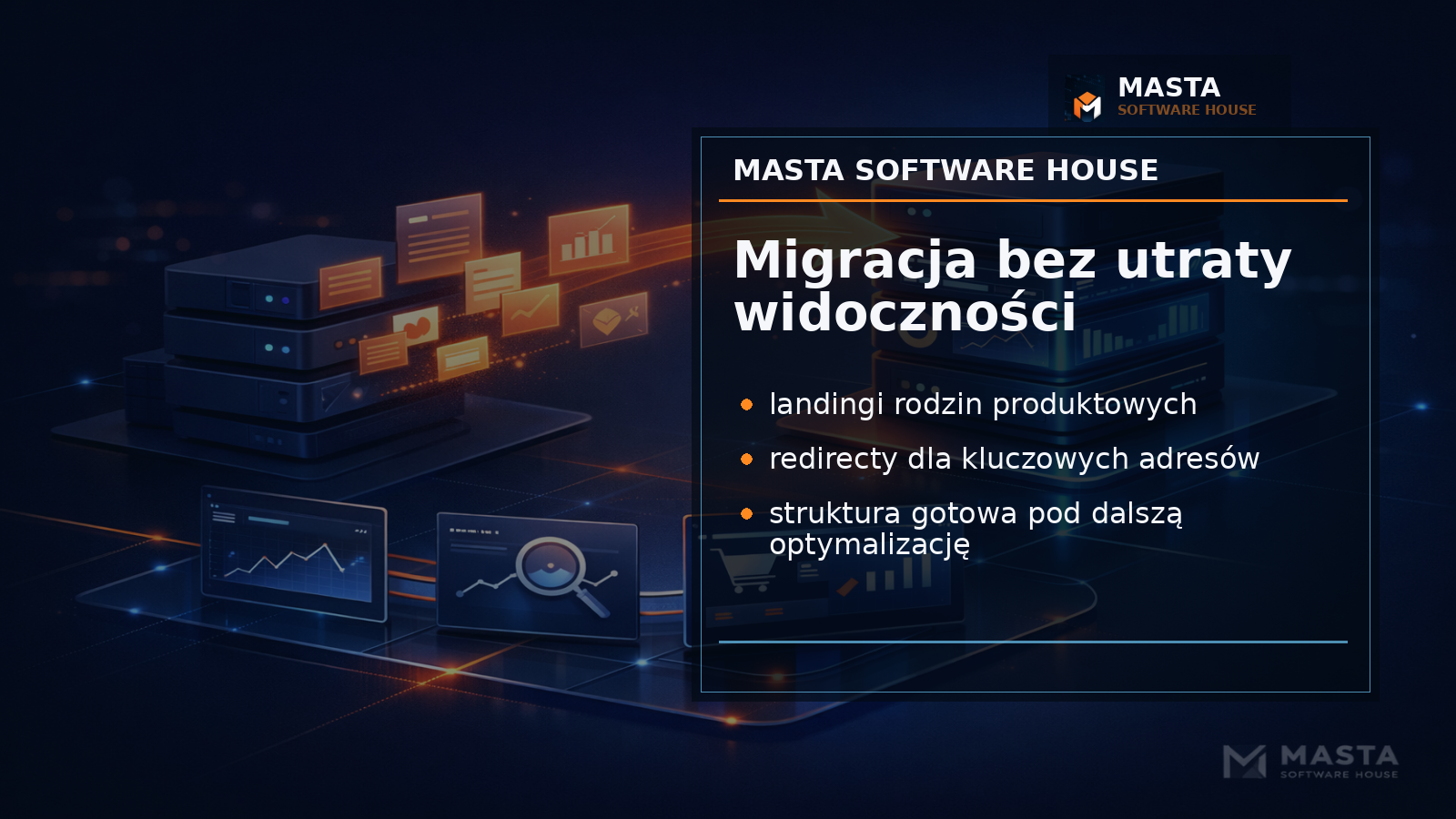 Premium editorial z warstwami URL, redirectów 301, landingów produktowych i wykresu widoczności SEO dla migracji e-commerce.