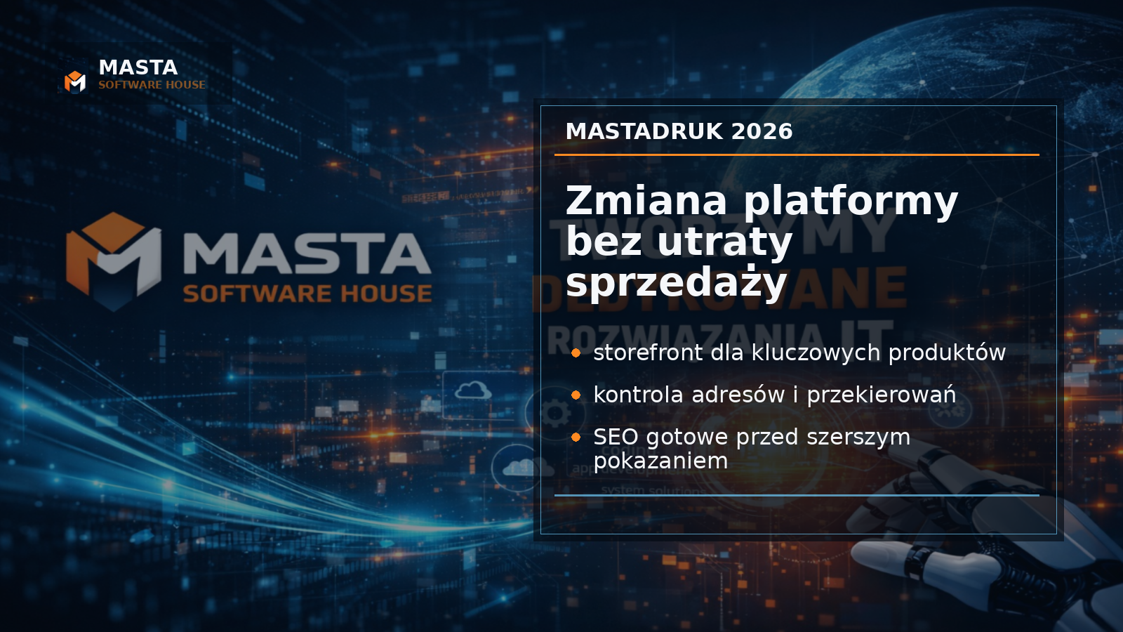 Premium editorial z ciemnym tłem przypominającym mapę adresów URL, kartami produktów druku, liniami przekierowań i subtelnym brandingiem MASTA SOFTWARE HOUSE jako watermark.