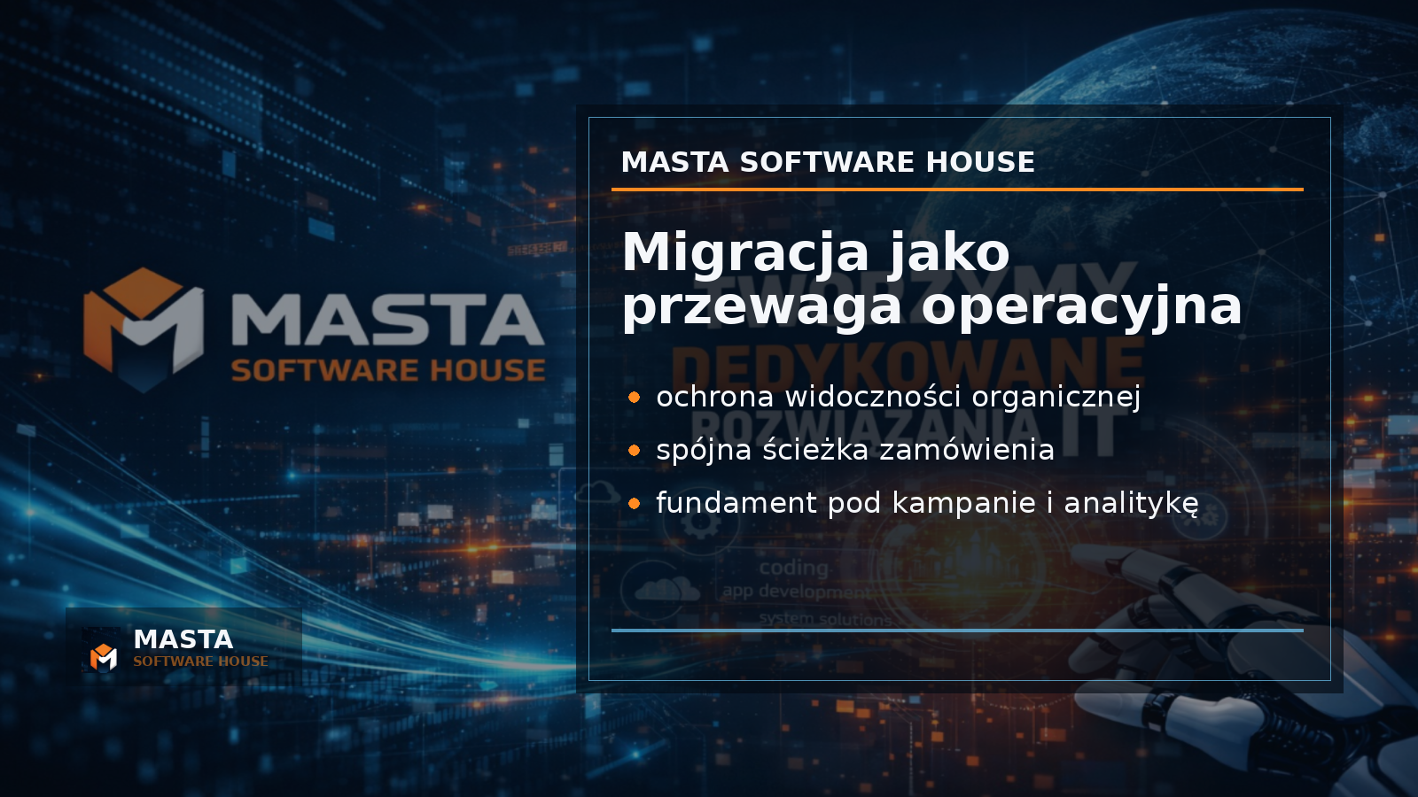 Duża grafika podsumowująca z panelami SEO long-tail, storefront, automatyzacja, analityka i kampanie, na tle inspirowanym siatką produkcyjną druku oraz subtelnym watermarkiem MASTA