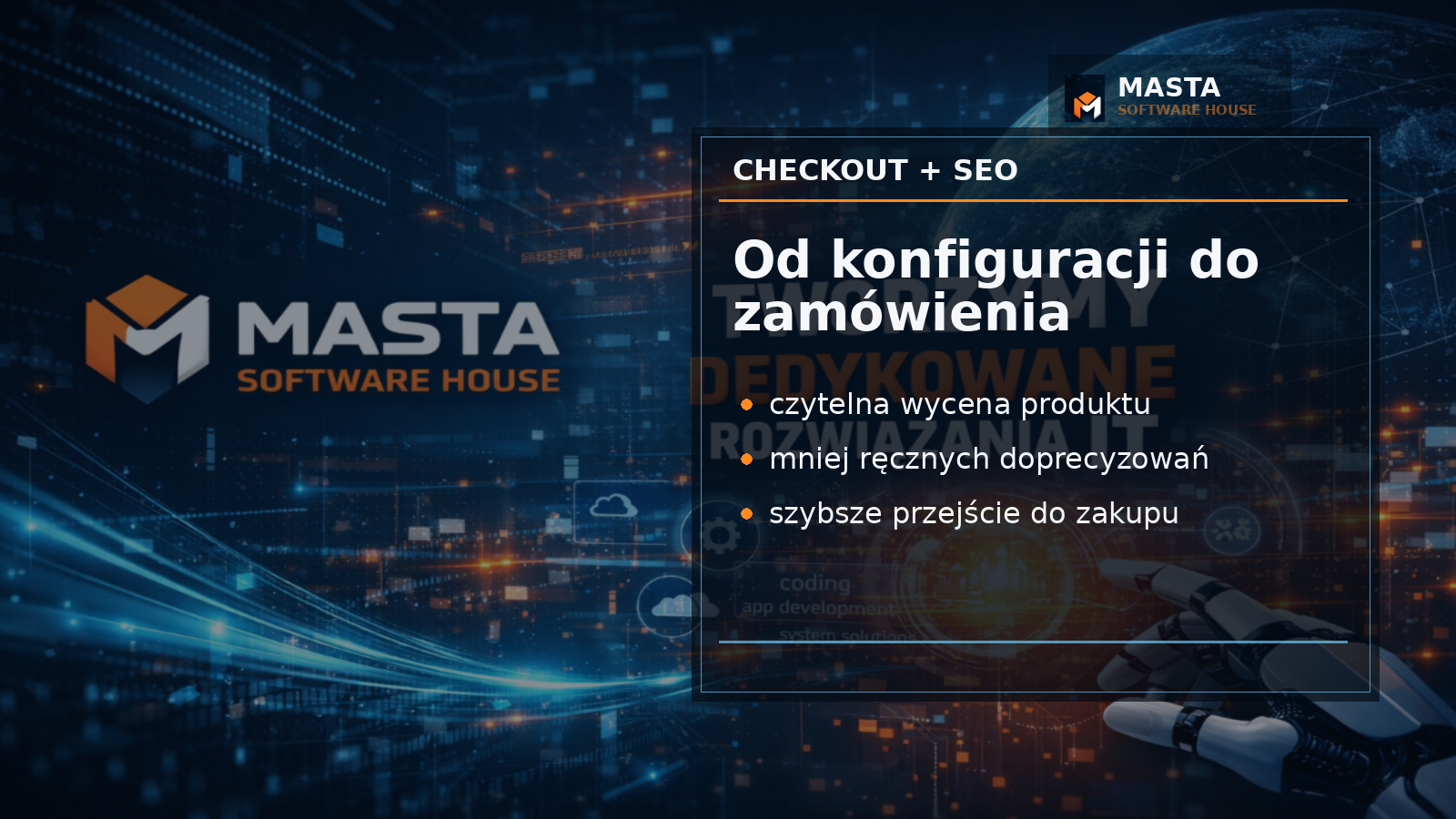 Branded editorial przedstawiający modułową ścieżkę zakupową drukarni: produkt, konfiguracja, wycena, koszyk i checkout, z małym znakiem M oraz napisem MASTA SOFTWARE HOUSE w rogu.