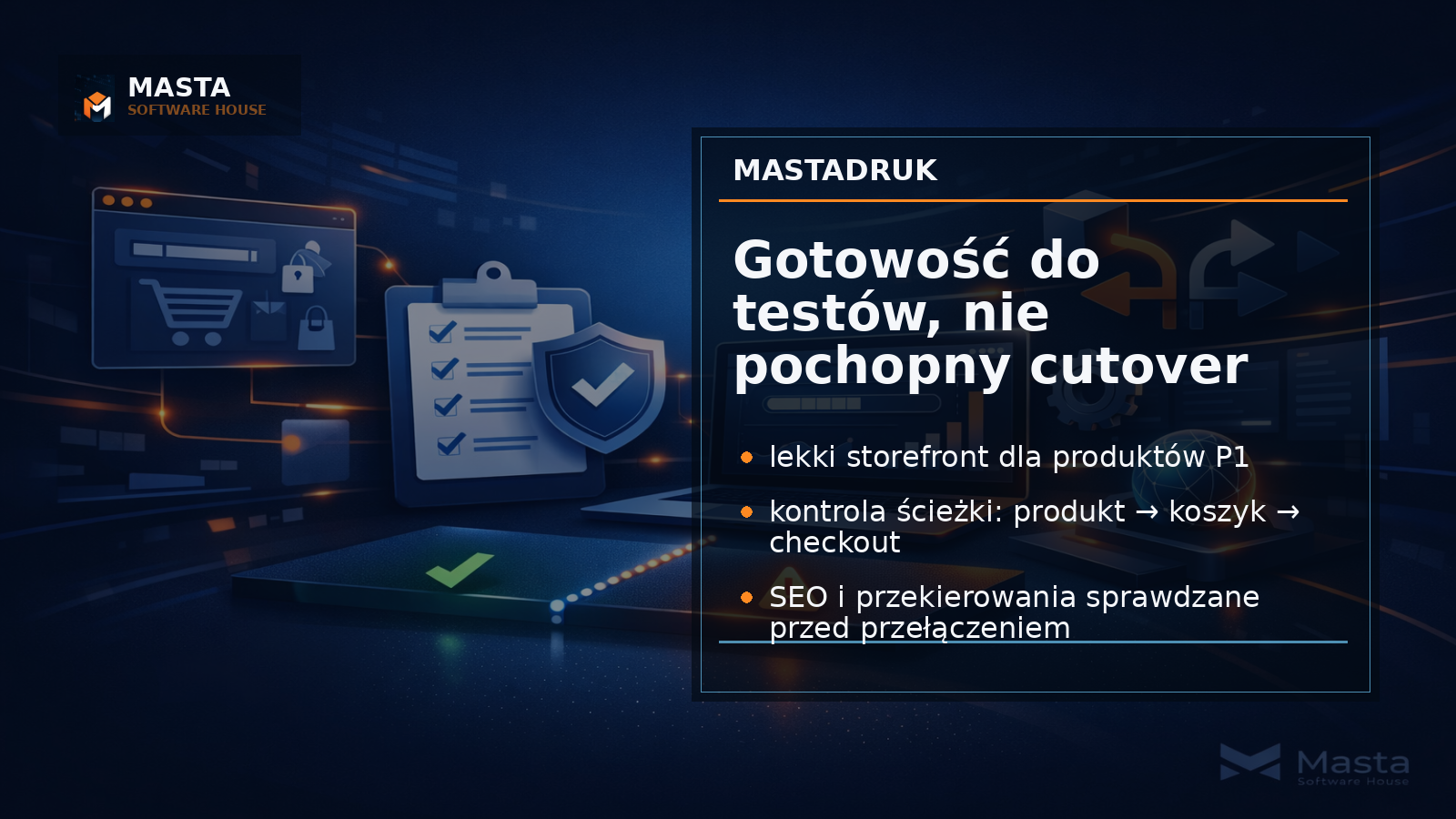 Branded editorial przedstawiający warstwy migracji e-commerce MastaDruk: storefront, checkout, SEO i przekierowania