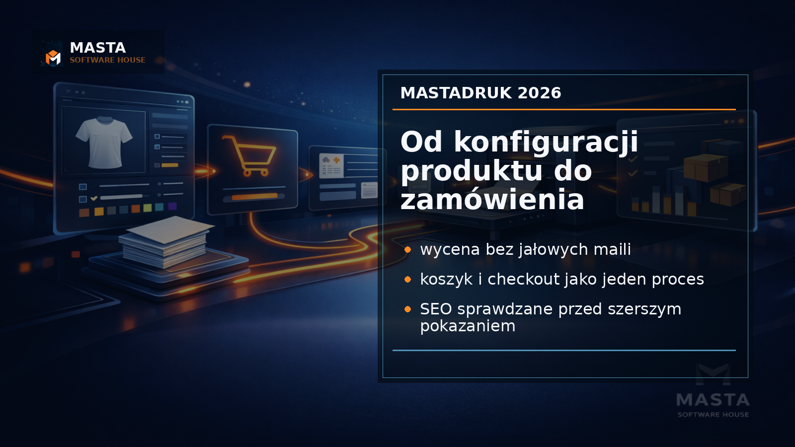 Premium branded editorial przedstawiający interfejs drukarni online z etapami wycena, koszyk, checkout i subtelnym oznaczeniem MASTA SOFTWARE HOUSE oraz znakiem M w tle.