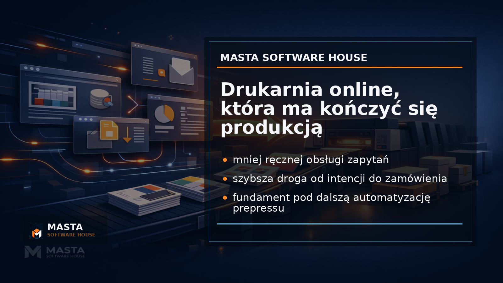 Duża grafika podsumowująca ekosystem drukarni online: produkt, kalkulator, płatność, dostawa, przygotowanie produkcji i branding MASTA SOFTWARE HOUSE z dyskretnym znakiem M.