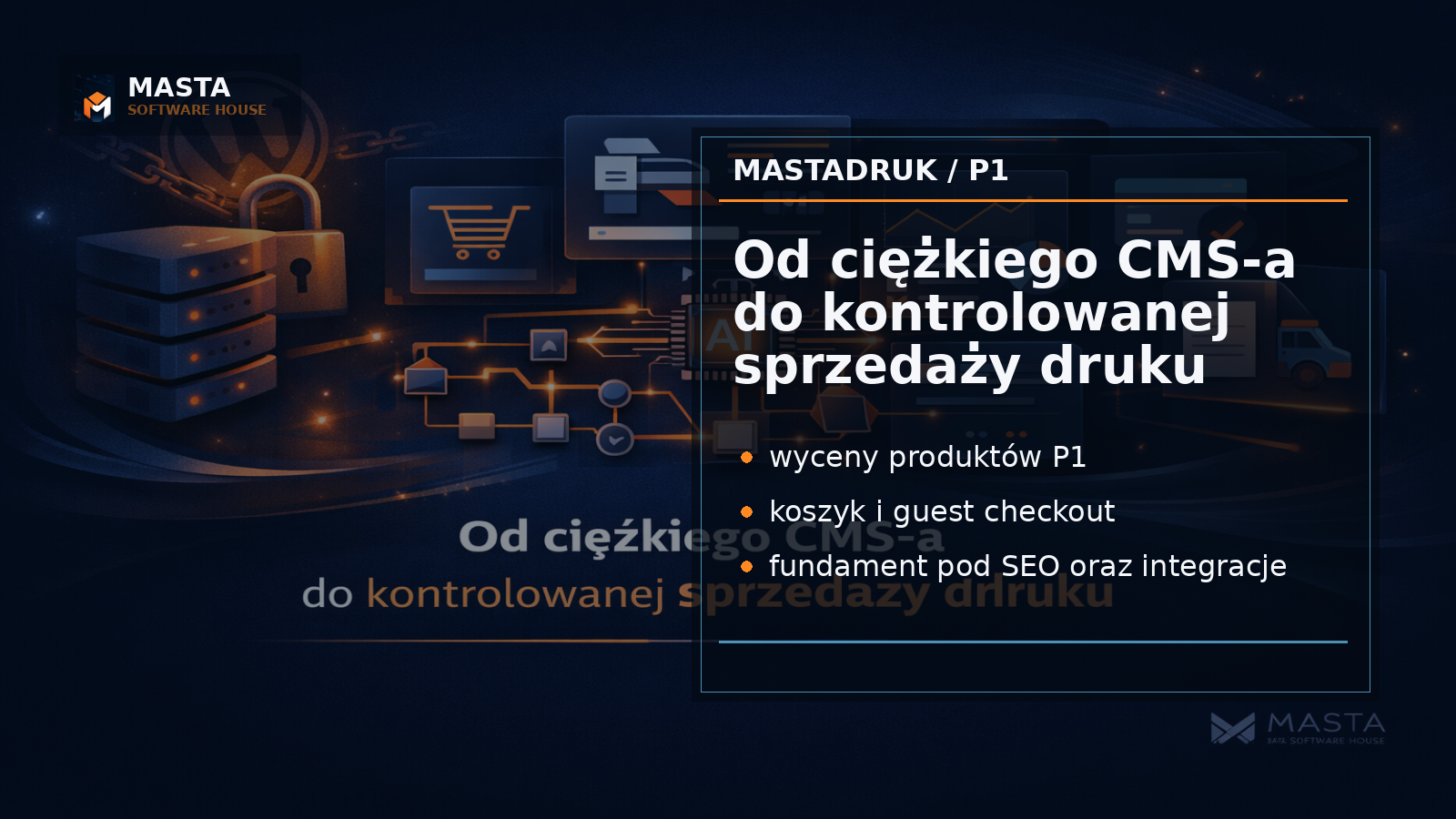 Editorialowa grafika premium pokazująca schemat lekkiego storefrontu MastaDruk z modułami wyceny, koszyka i checkoutu oraz subtelnym watermarkiem M, MASTA, SOFTWARE HOUSE.