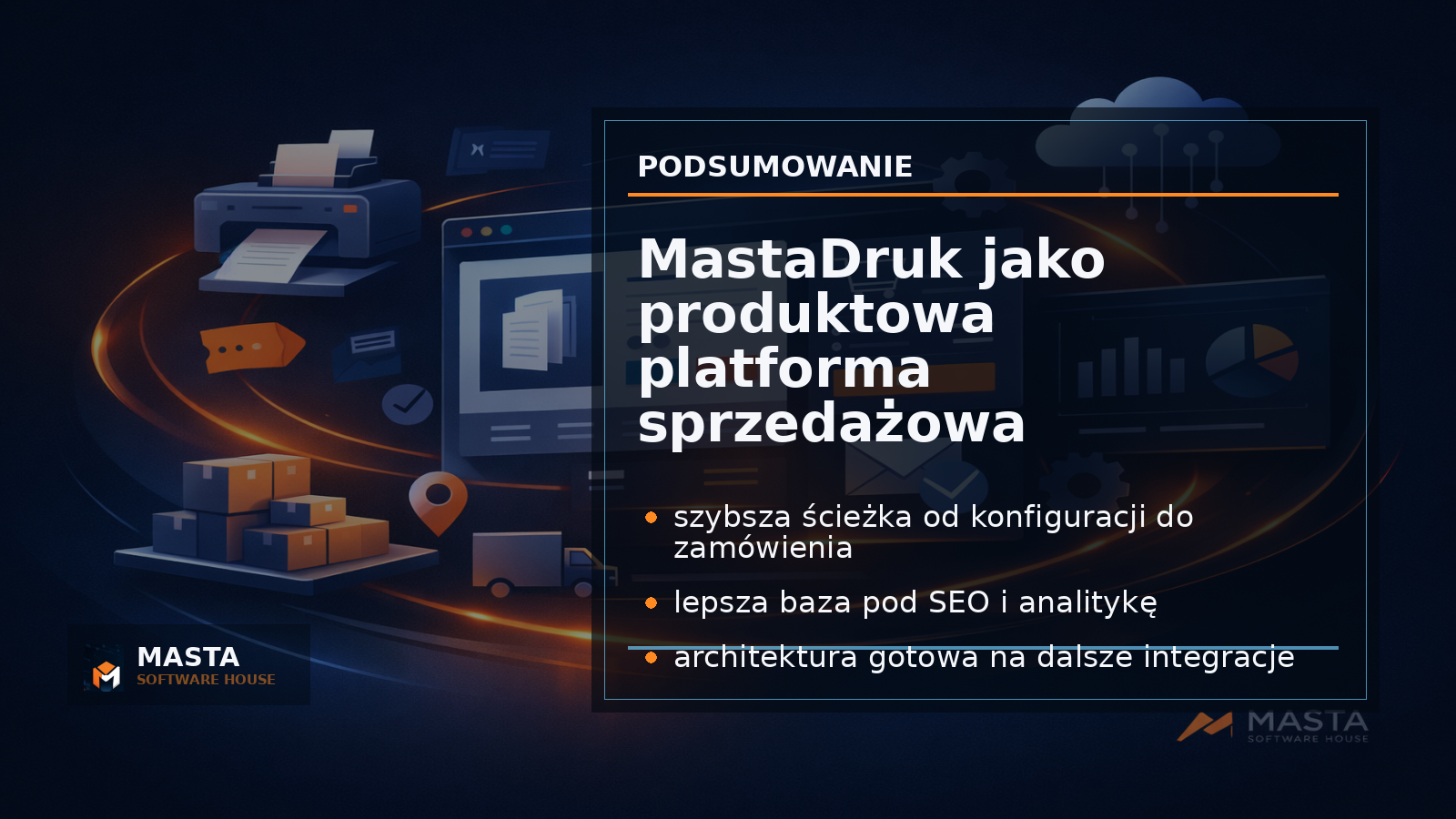 Duża grafika podsumowująca dla Masta Software House: moduły MastaDruk połączone w jeden system — storefront, kalkulator, koszyk, checkout, SEO i integracje — z subtelnym watermarku