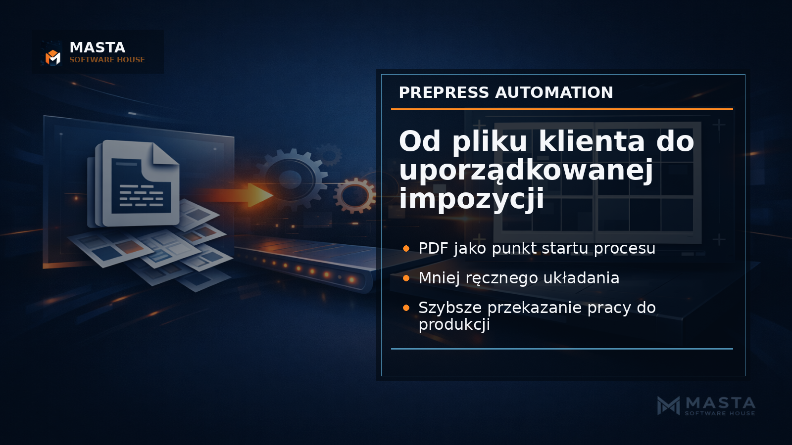 Premium editorial graphic dla Masta Software House: abstrakcyjny układ stron PDF przechodzących w uporządkowany arkusz produkcyjny, ciemne tło technologiczne, subtelny watermark M,