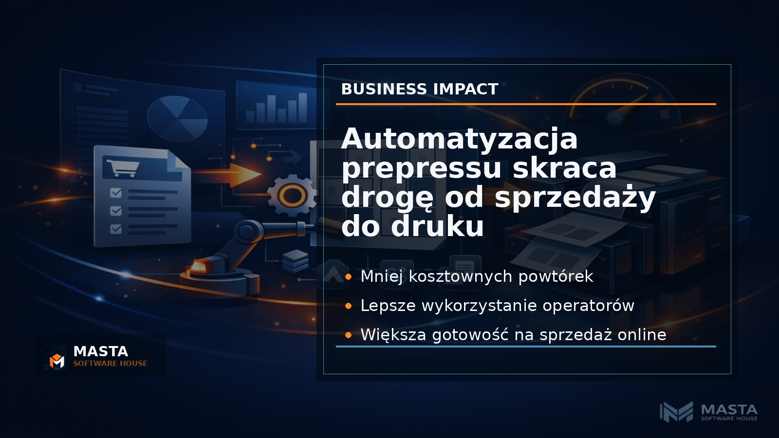Duża grafika podsumowująca dla Masta Software House: nowoczesny panel procesu drukarni, uporządkowane arkusze, kontrola jakości i automatyzacja, premium dark editorial, watermark M