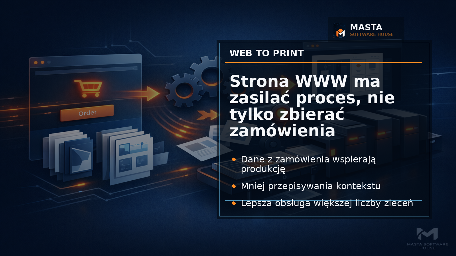 Branded editorial Masta Software House: schemat zamówienia online połączony z modułem prepress i produkcją druku, bez ludzi stockowych, z delikatnym oznaczeniem MASTA SOFTWARE HOU