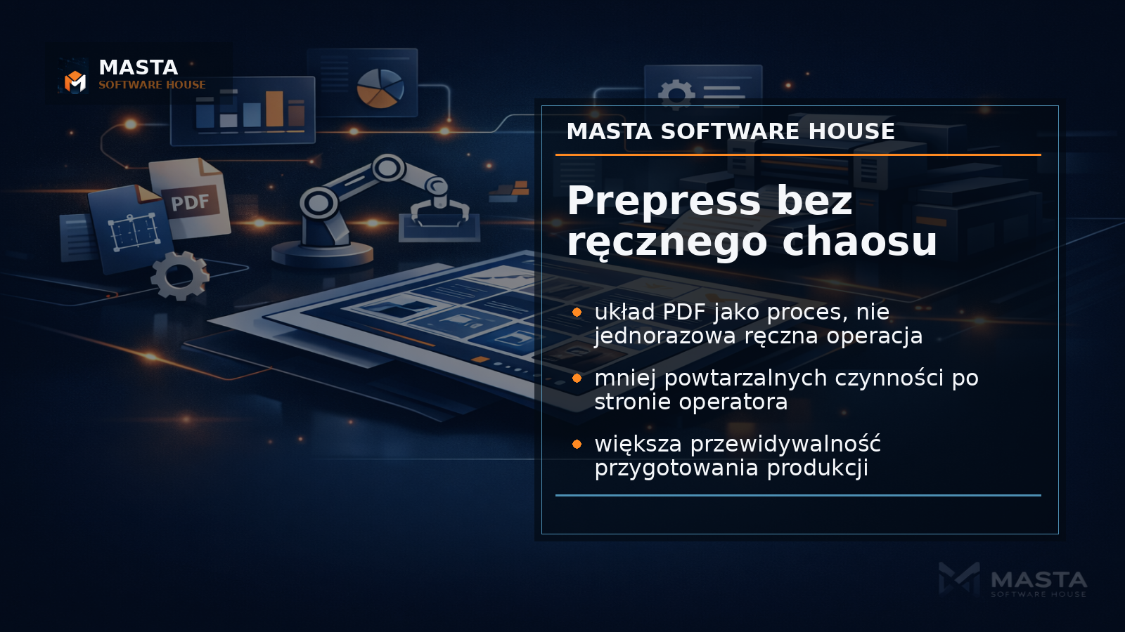 Branded editorial z układem arkusza drukarskiego, modułami PDF i subtelnym oznaczeniem MASTA Software House