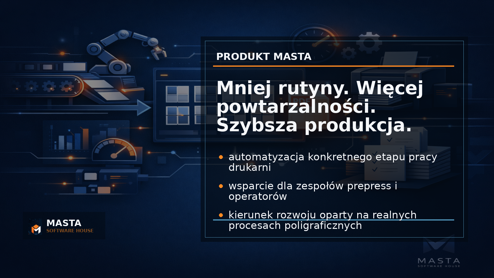 Duża grafika podsumowująca: arkusze, siatka produkcyjna, wskaźniki czasu i kosztu oraz branding MASTA Software House