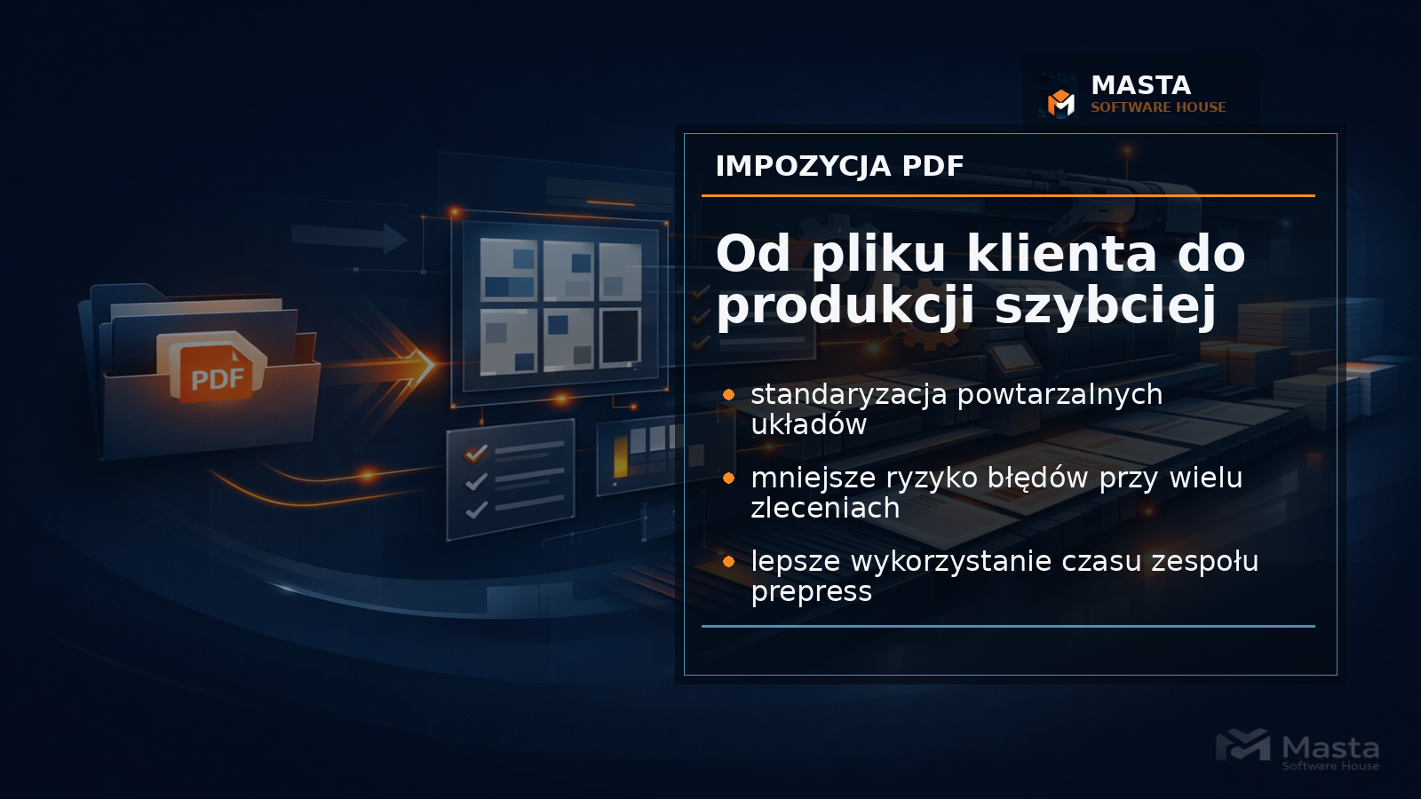 Premium grafika techniczna przedstawiająca przepływ od pliku PDF do arkusza produkcyjnego z watermarkiem MASTA Software House