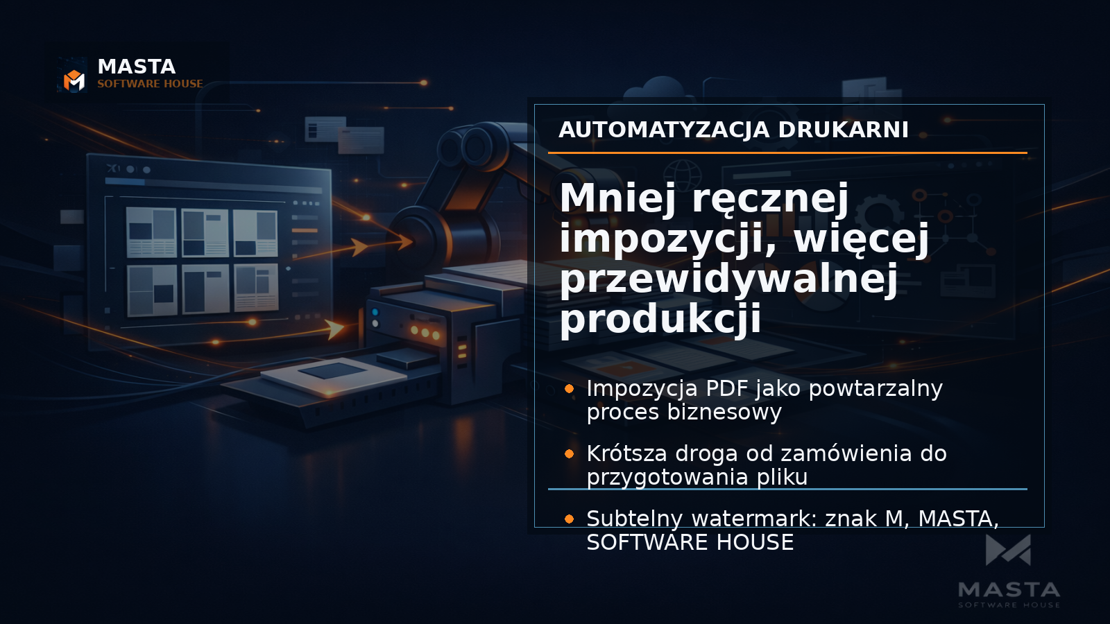 Premium editorial graphic showing a dark interface-inspired print imposition grid with PDF sheets, crop marks, production arrows and subtle Masta Software House branding: M mark, M