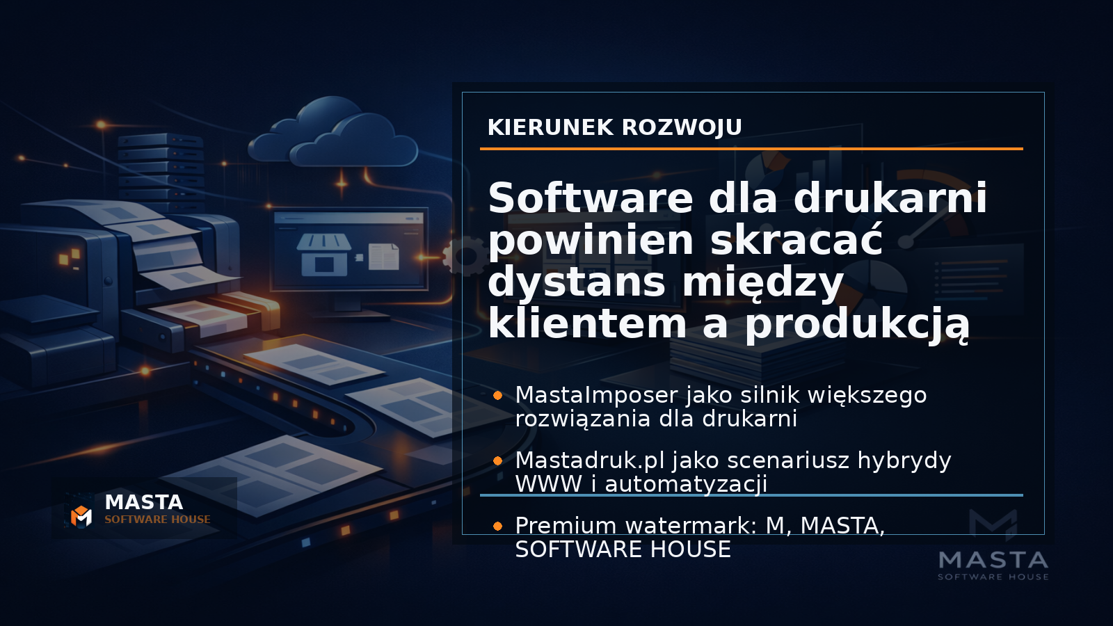 Large premium editorial summary graphic with a stylized automated print platform dashboard, PDF sheets, product cards, SEO-ready storefront blocks and production status lines,