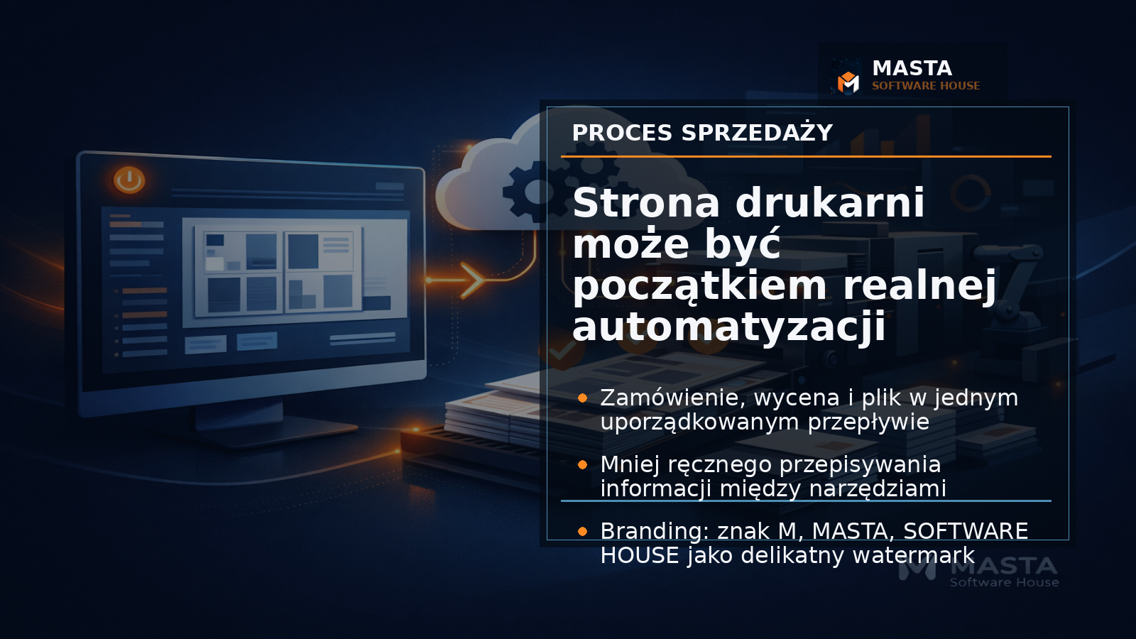 Premium branded process diagram on a dark technical background: online order, product configuration, file upload, imposition engine and print production, with subtle MASTA Software