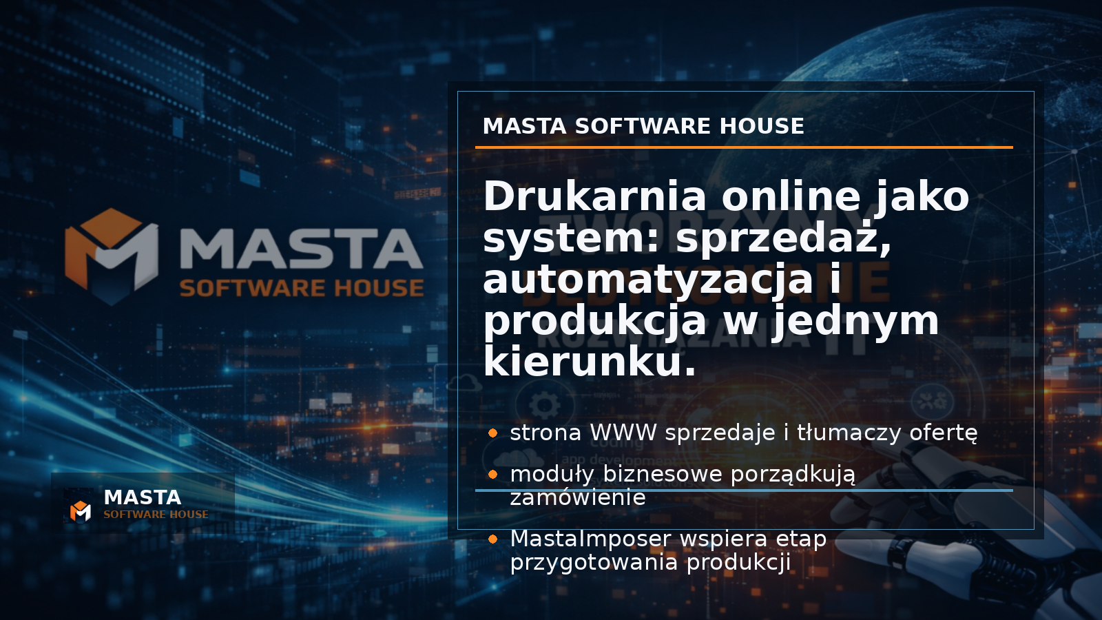 Duża grafika podsumowująca ekosystem drukarni online: strona WWW, wycena, koszyk, pliki, prepress i produkcja, z subtelnym watermarkiem Masta Software House.