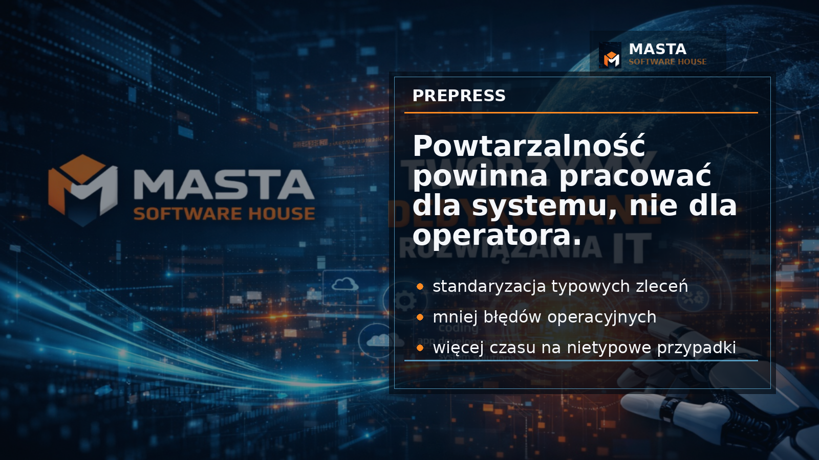 Branded editorial z abstrakcyjną siatką arkuszy, znacznikami cięcia i panelem statusu procesu, oznaczony znakiem M, MASTA i SOFTWARE HOUSE.